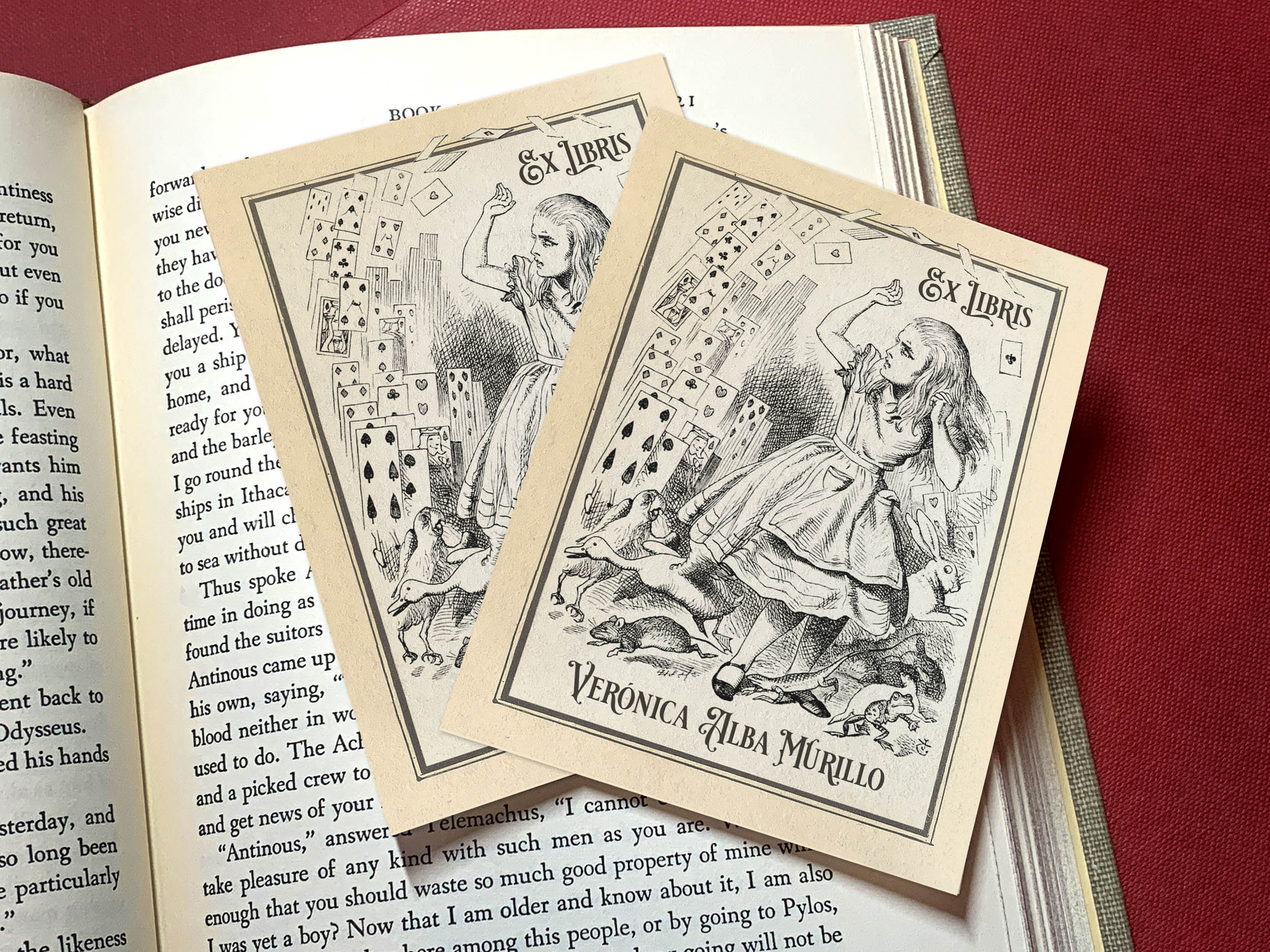 Flying Cards, Alice in Wonderland, Personalized Ex-Libris Bookplates, Crafted on Traditional Gummed Paper, 3in x 4in, Set of 30
