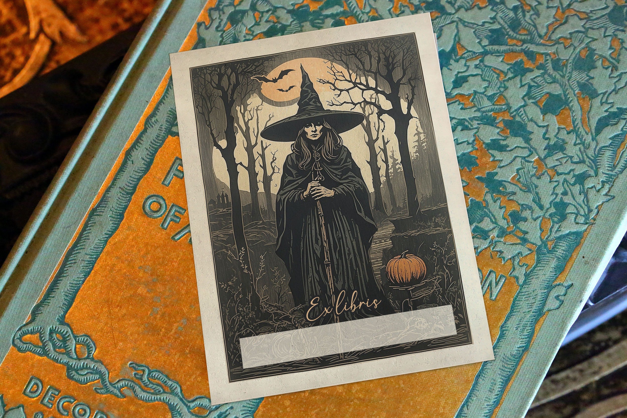 Mystical Pumpkin Witch, Personalized Ex-Libris Bookplates, Crafted on Traditional Gummed Paper, 3in x 4in, Set of 30