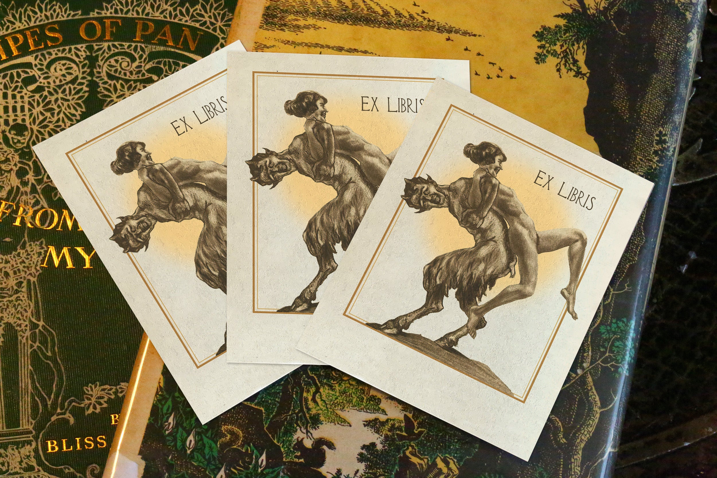 Mythical Revelry, Satyr and Nymph, Personalized, Ex-Libris Bookplates, Crafted on Traditional Gummed Paper, 3in x 4in, Set of 30