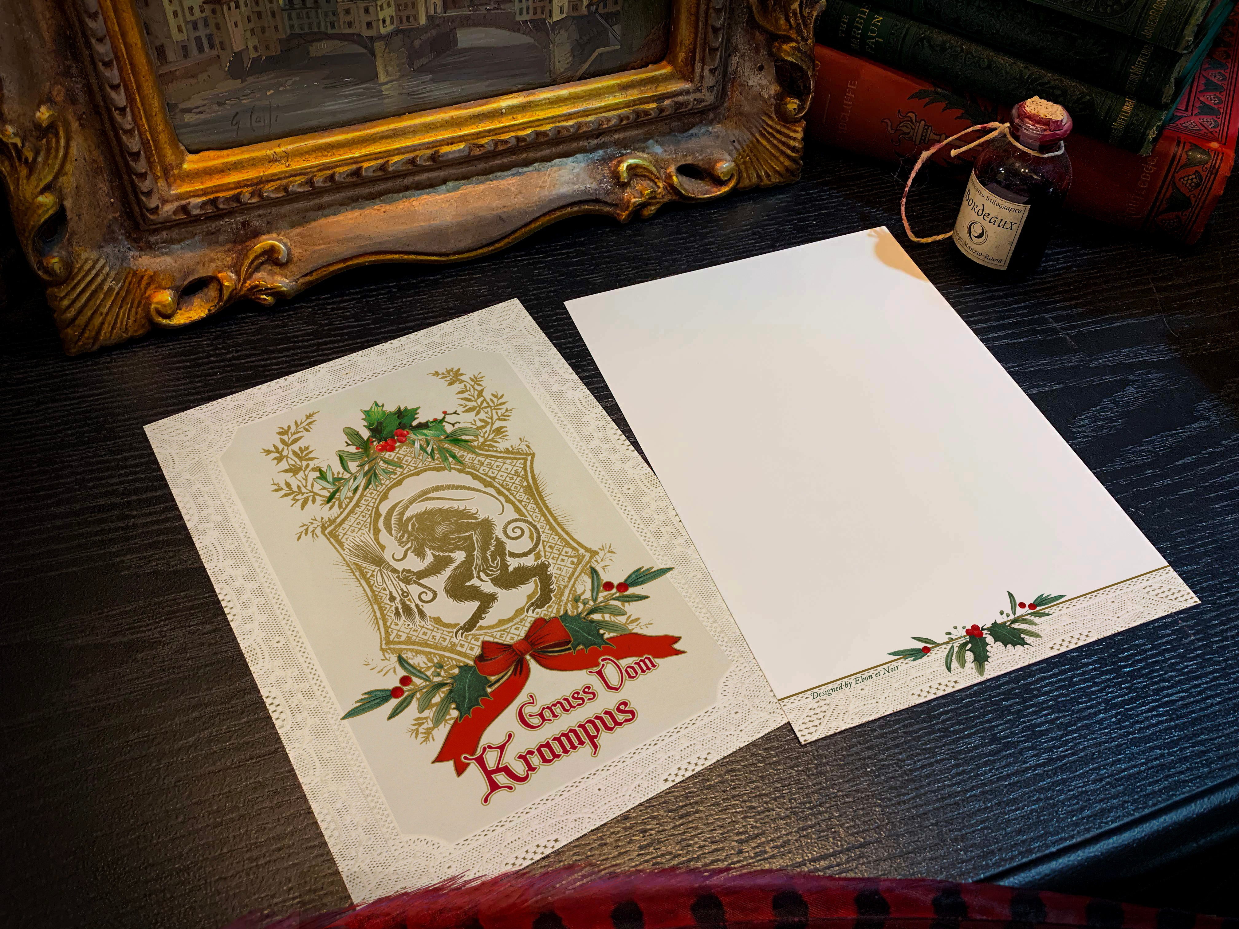 Laced With Mischief, Gruss Vom Krampus, Set of Flat Double-sided Christmas Cards With White Envelopes, 5in x 7in