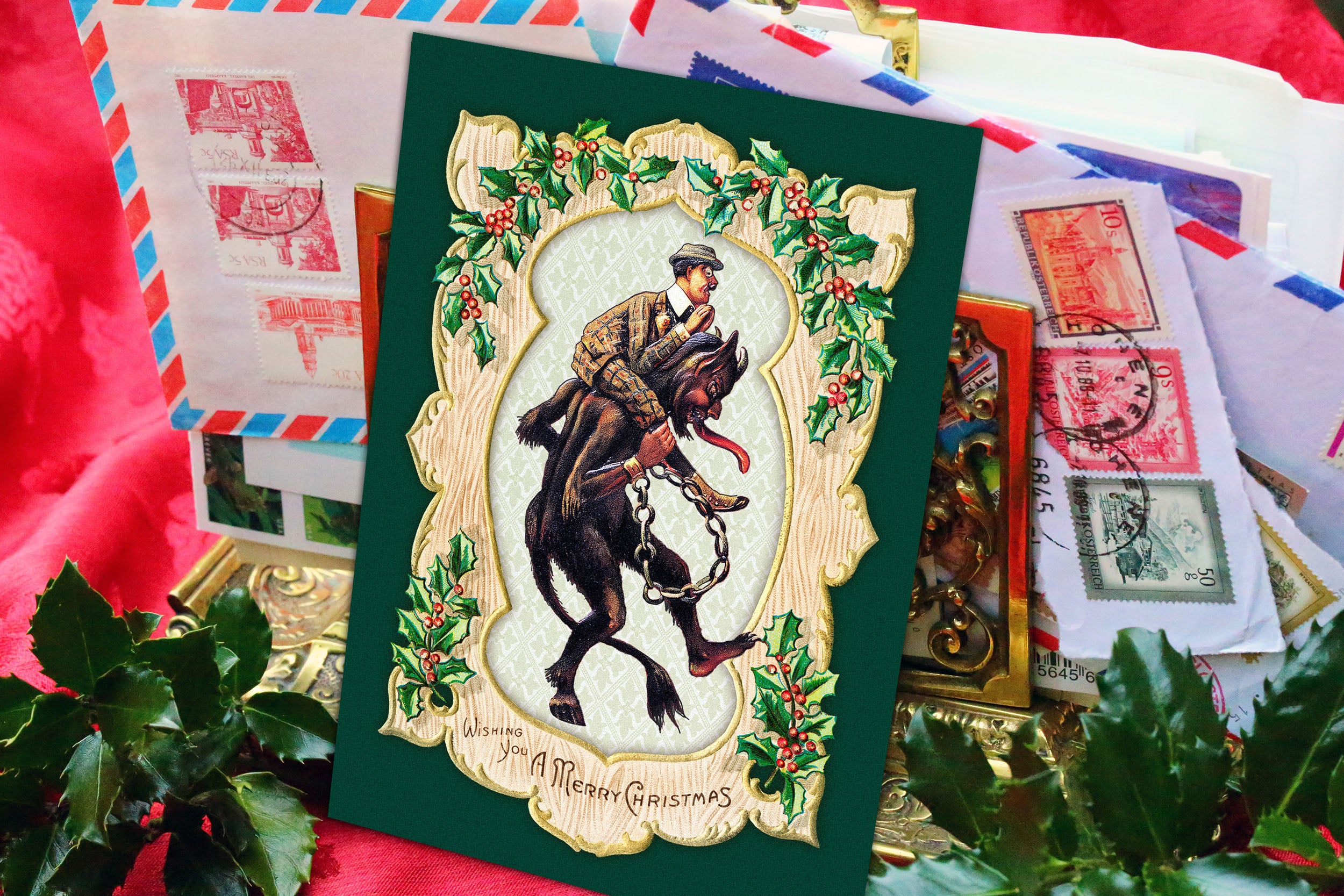 Naughty Krampus Praying Man, Gruss Vom Krampus, Set of 5in x 7in Flat Christmas Cards With White Envelopes, 10 Cards/Envelopes