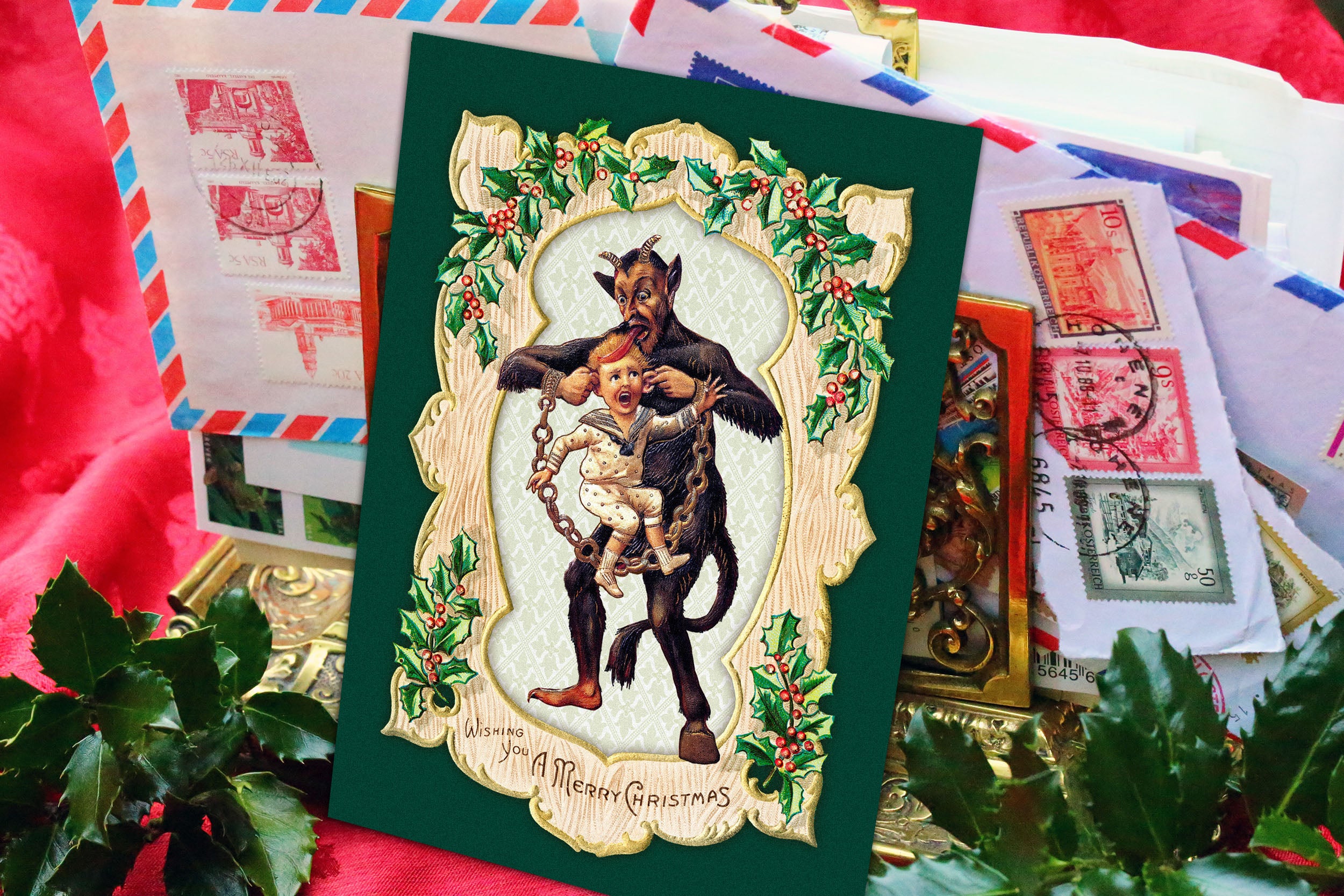 Naughty Krampus Pulling Ears, Gruss Vom Krampus, Set of 5in x 7in Flat Christmas Cards With White Envelopes, 10 Cards/Envelopes