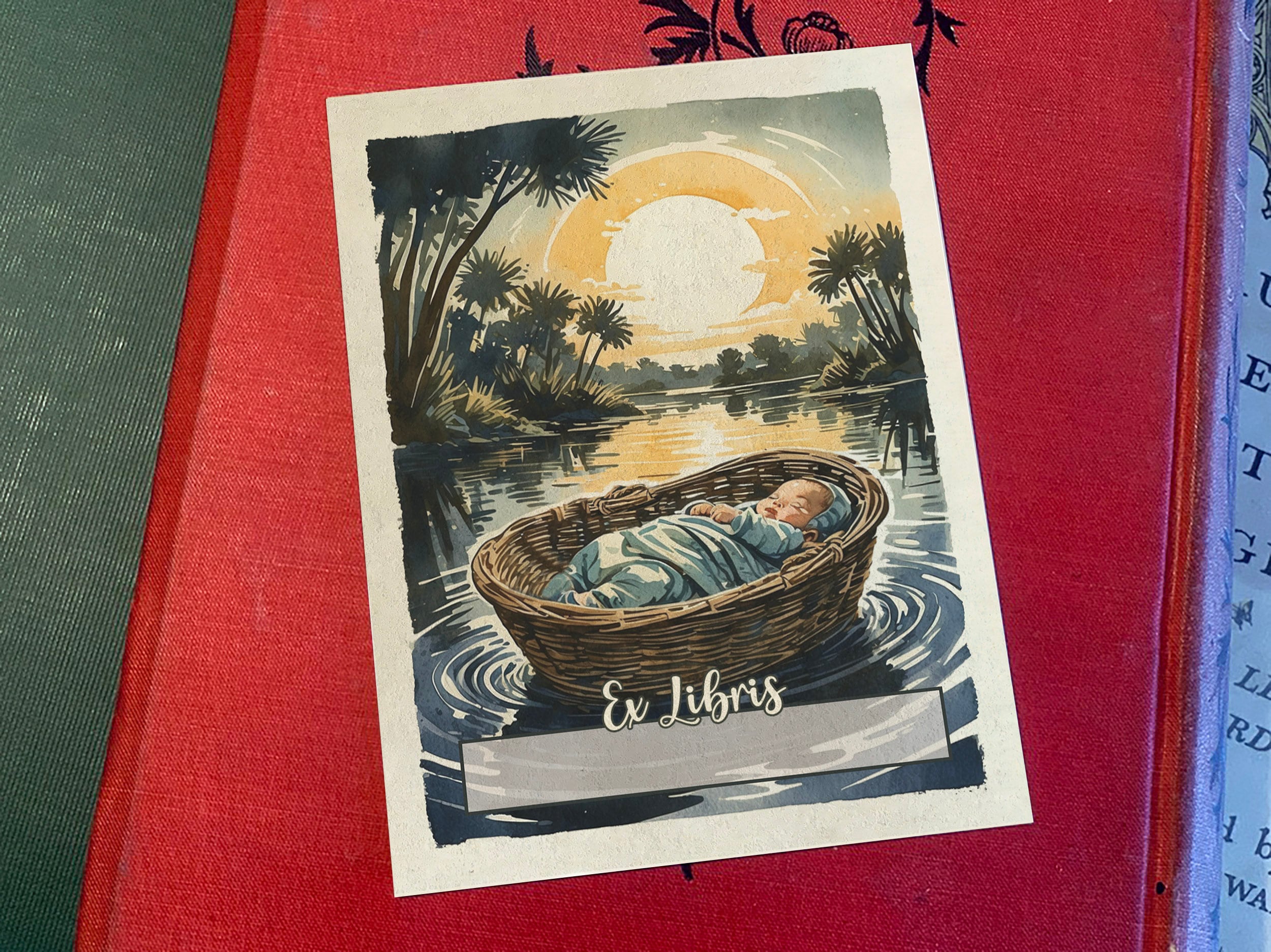 Baby Moses in the Nile, Judaica, Personalized Ex-Libris Bookplates, Crafted on Traditional Gummed Paper, 3in x 4in, Set of 30