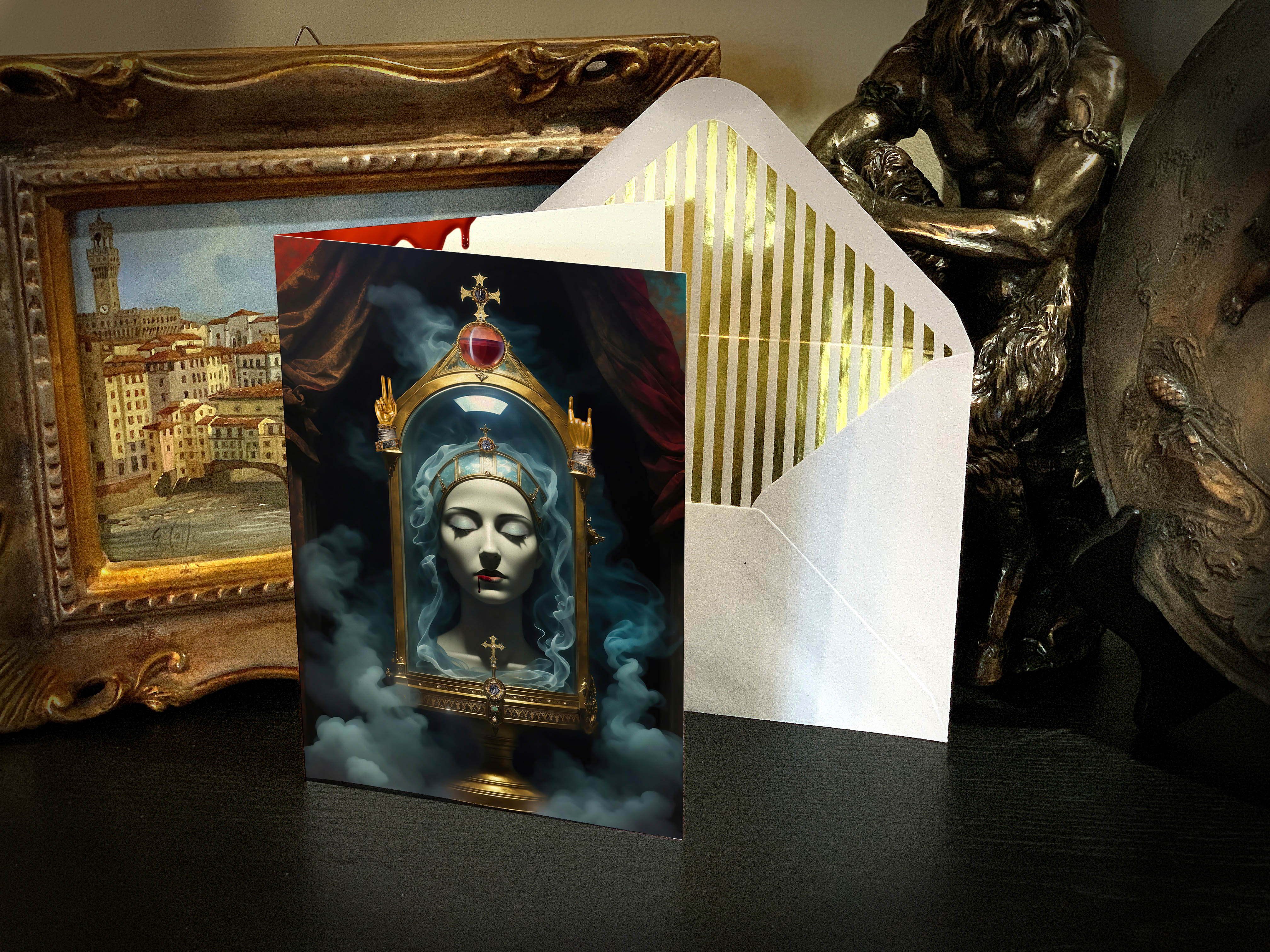 Blood Canticle, Sacred and Profane Reliquary, Gothic Greeting Card with Elegant Striped Gold Foil Envelope, 1 Card/Envelope