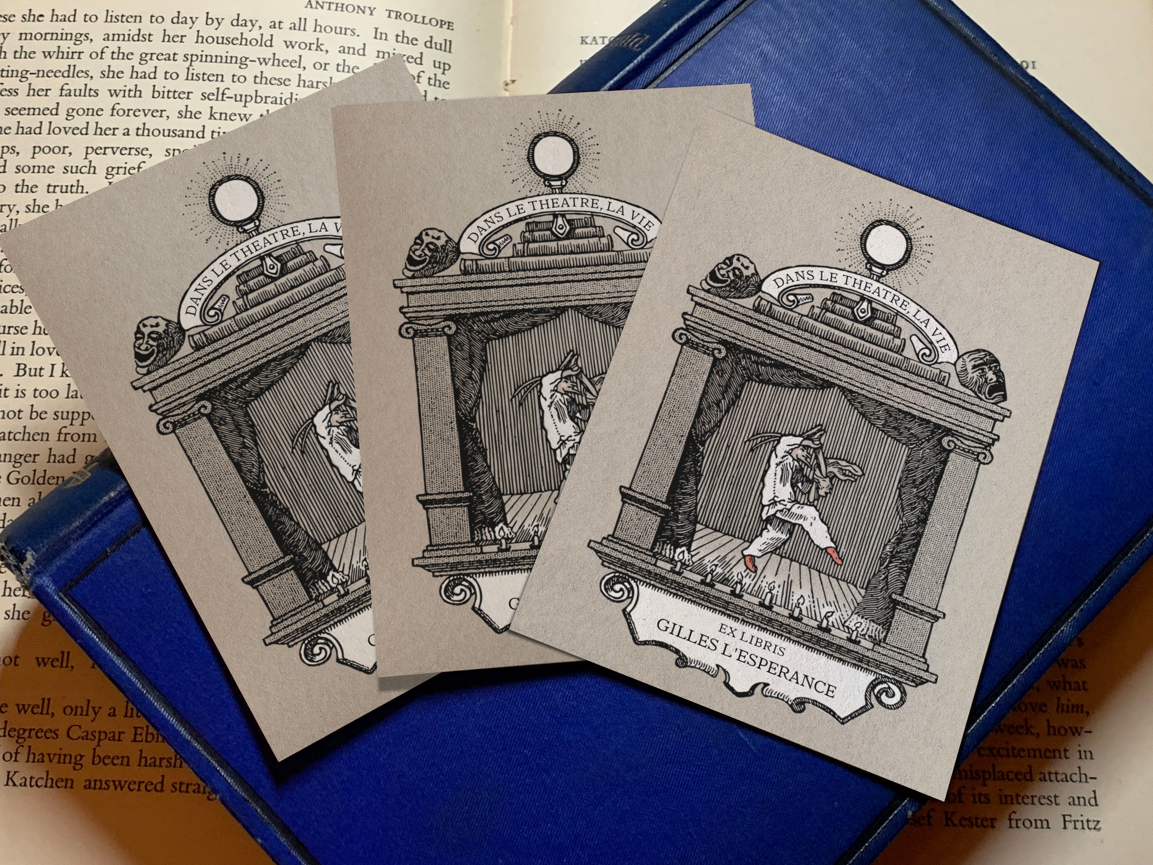 Coviello, Dans le Theatre, Le Vie, Personalized Ex-Libris Bookplates, Crafted on Traditional Gummed Paper, 2.5in x 4in, Set of 30