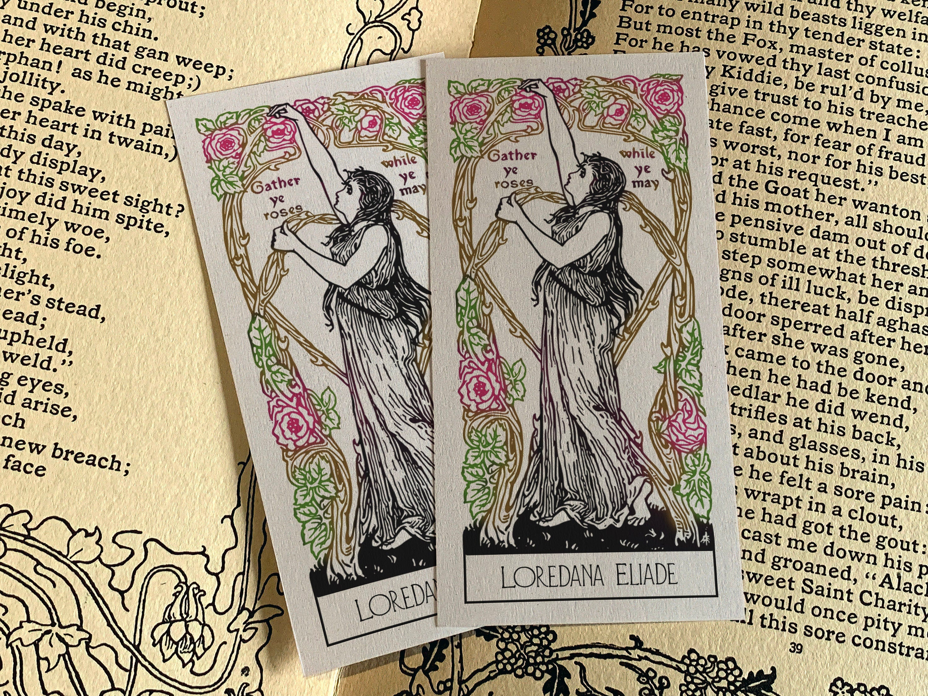 Gather Ye Roses While Ye May, Personalized Ex-Libris Bookplates, Crafted on Traditional Gummed Paper, 4in x 2in, Set of 30