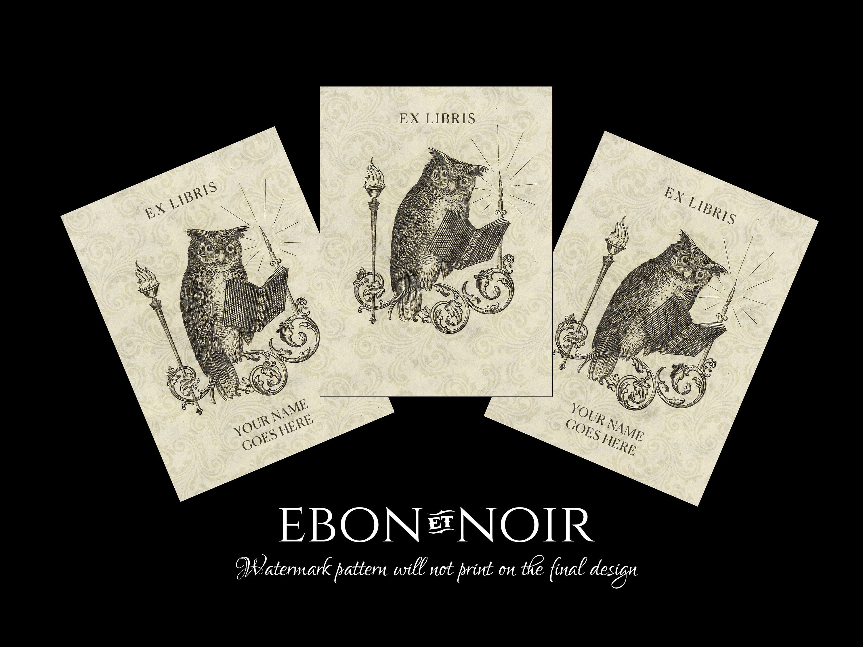 Perched Owl, Personalized Owl Ex-Libris Bookplates, Crafted on Traditional Gummed Paper, 3in x 4in, Set of 30