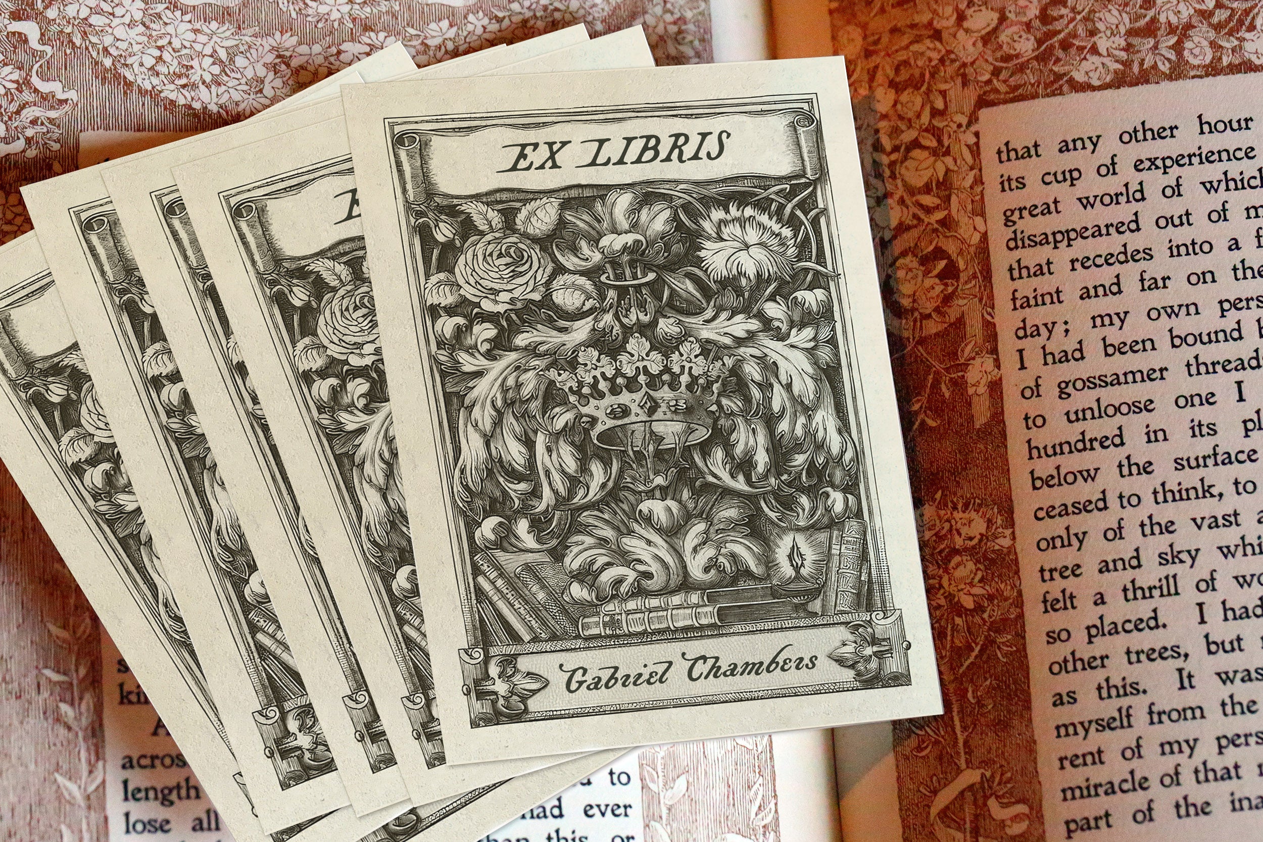 Rose and Crown, Personalized Ex-Libris Bookplates, Crafted on Traditional Gummed Paper, 3in x 4in, Set of 30