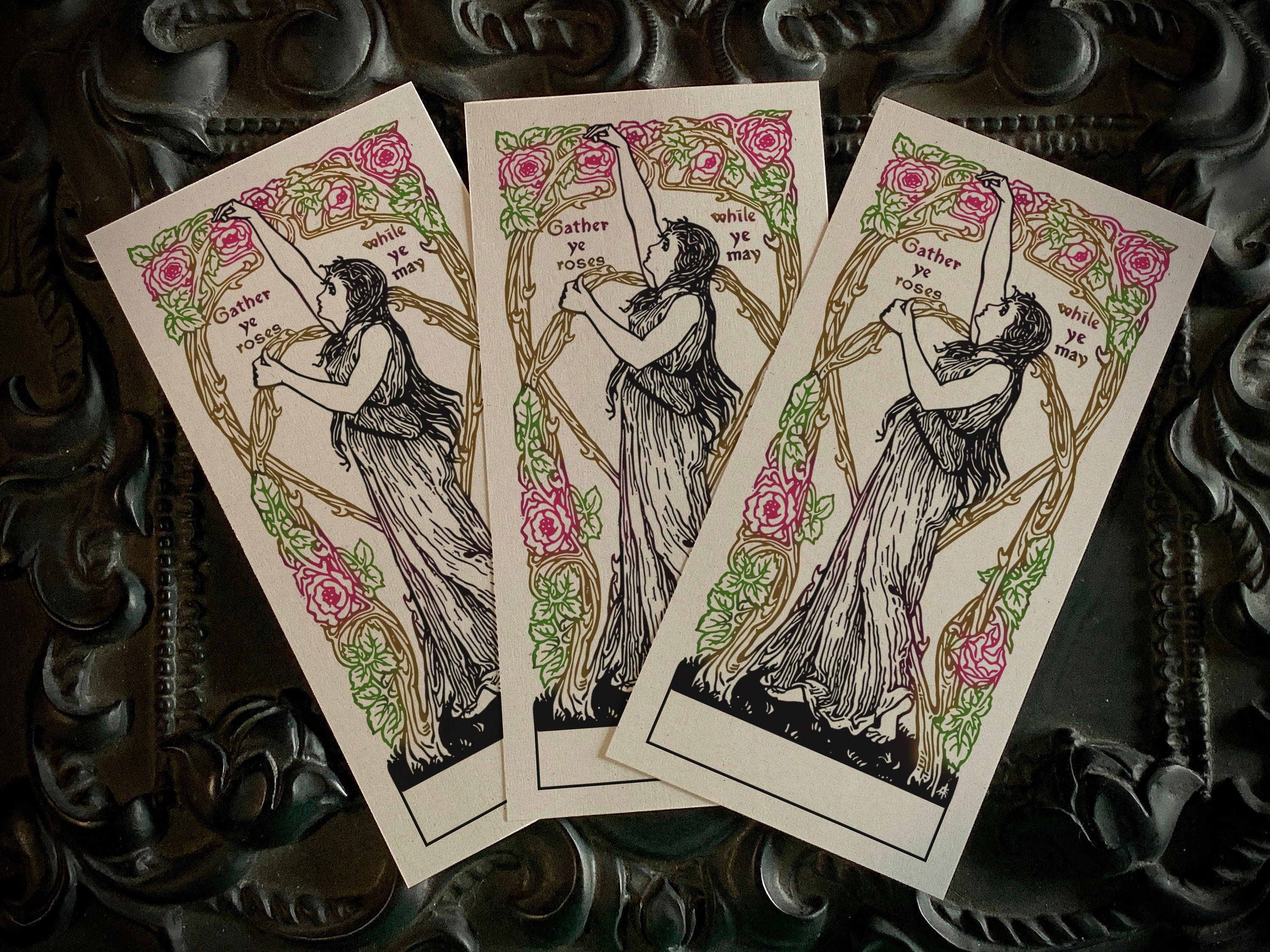 Gather Ye Roses While Ye May, Personalized Ex-Libris Bookplates, Crafted on Traditional Gummed Paper, 4in x 2in, Set of 30