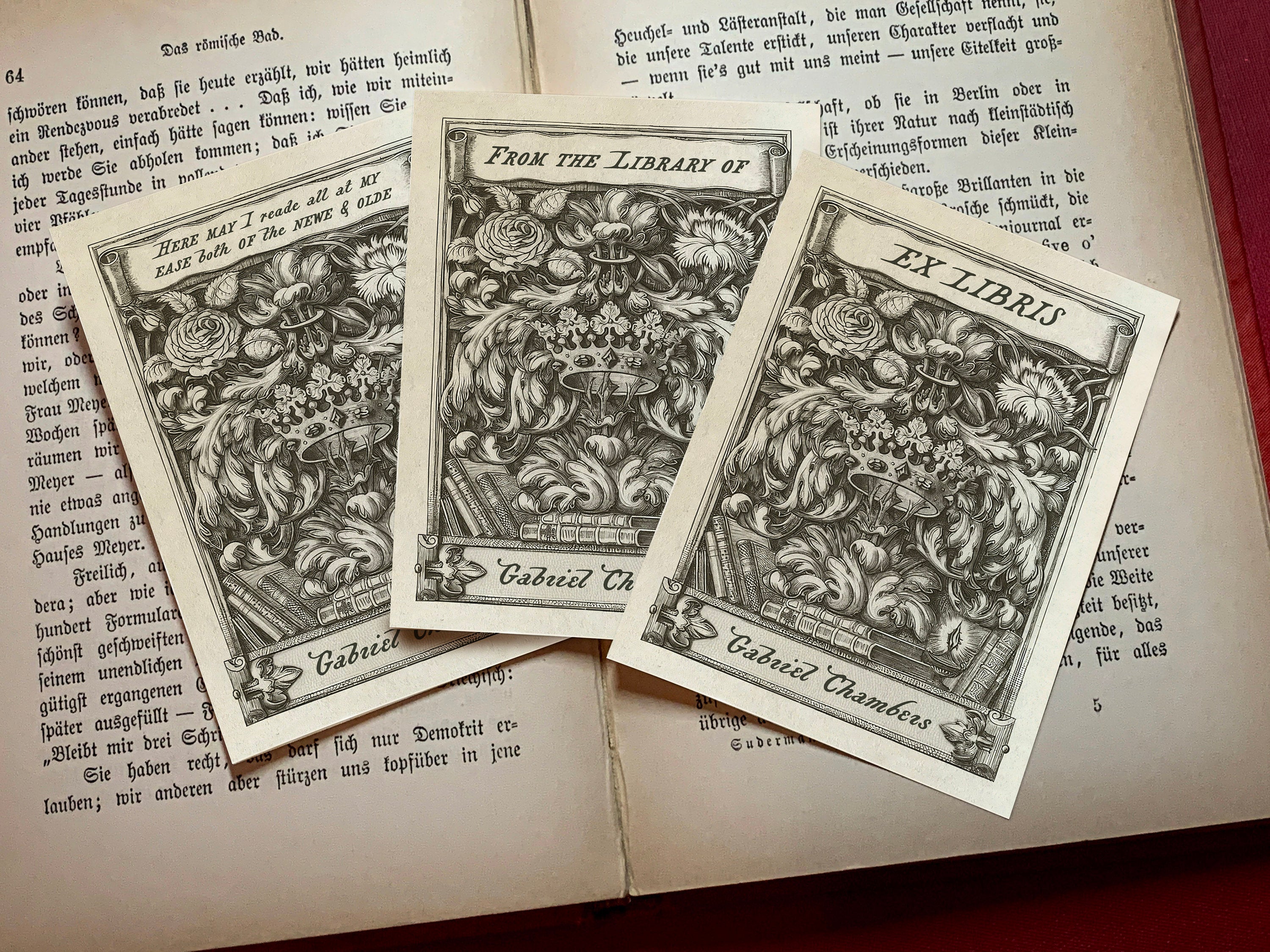 Rose and Crown, Personalized Ex-Libris Bookplates, Crafted on Traditional Gummed Paper, 3in x 4in, Set of 30