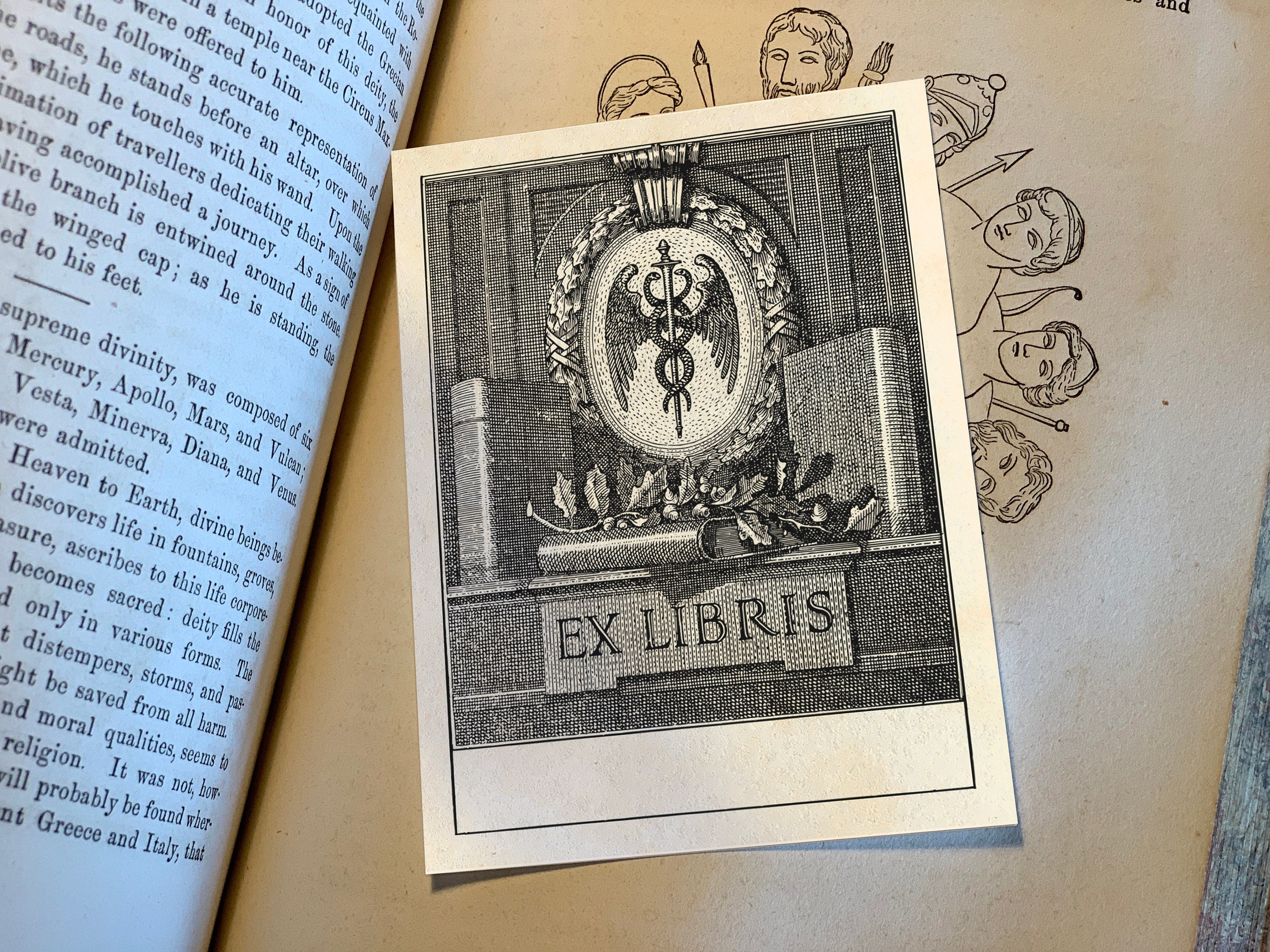 Caduceus, Personalized Ex-Libris Bookplates, Crafted on Traditional Gummed Paper, 3in x 4in, Set of 30