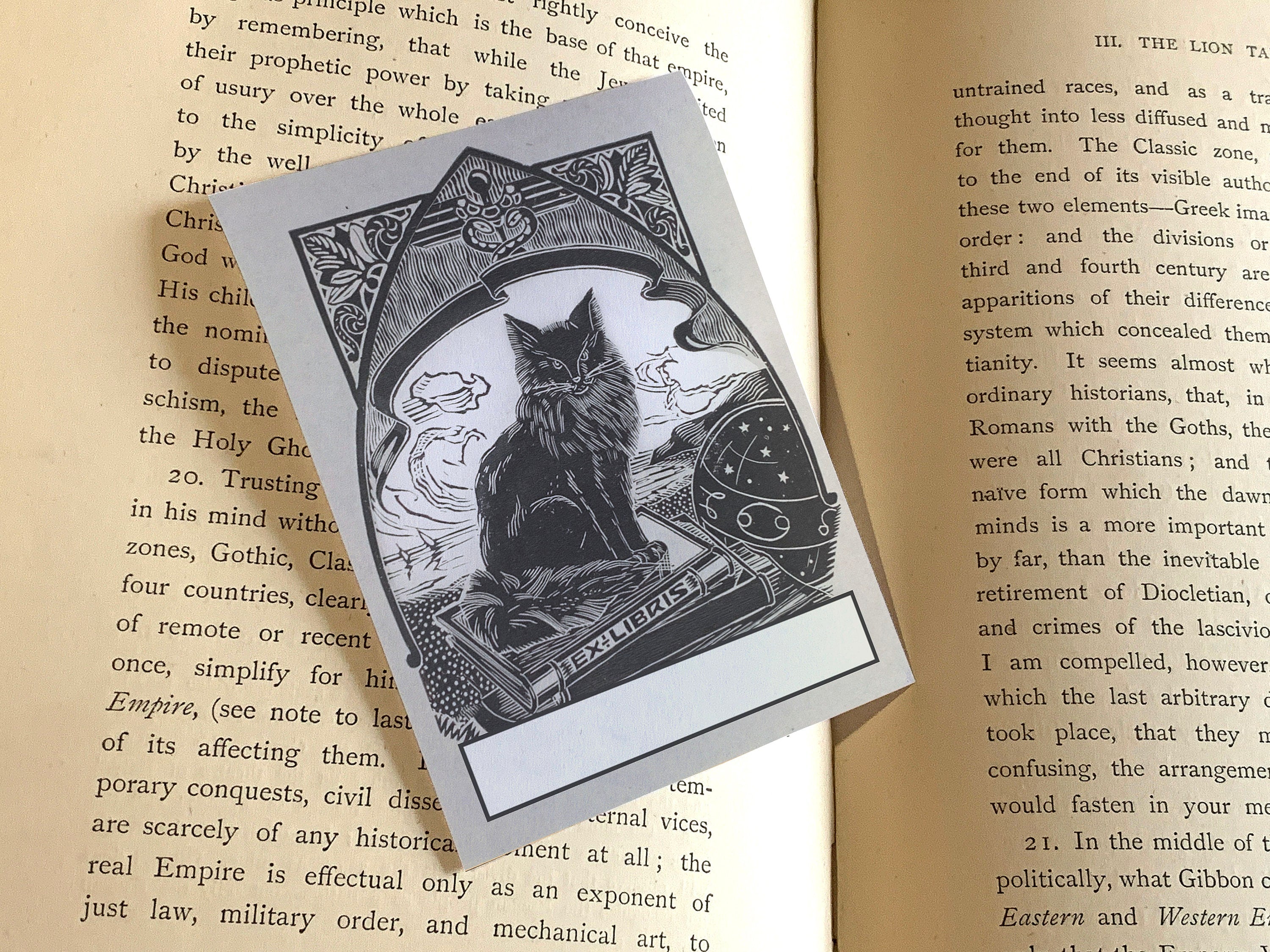 Mysterious Black Cat, Personalized Dark Academia Ex-Libris Bookplates, Crafted on Traditional Gummed Paper, 3in x 4in, Set of 30