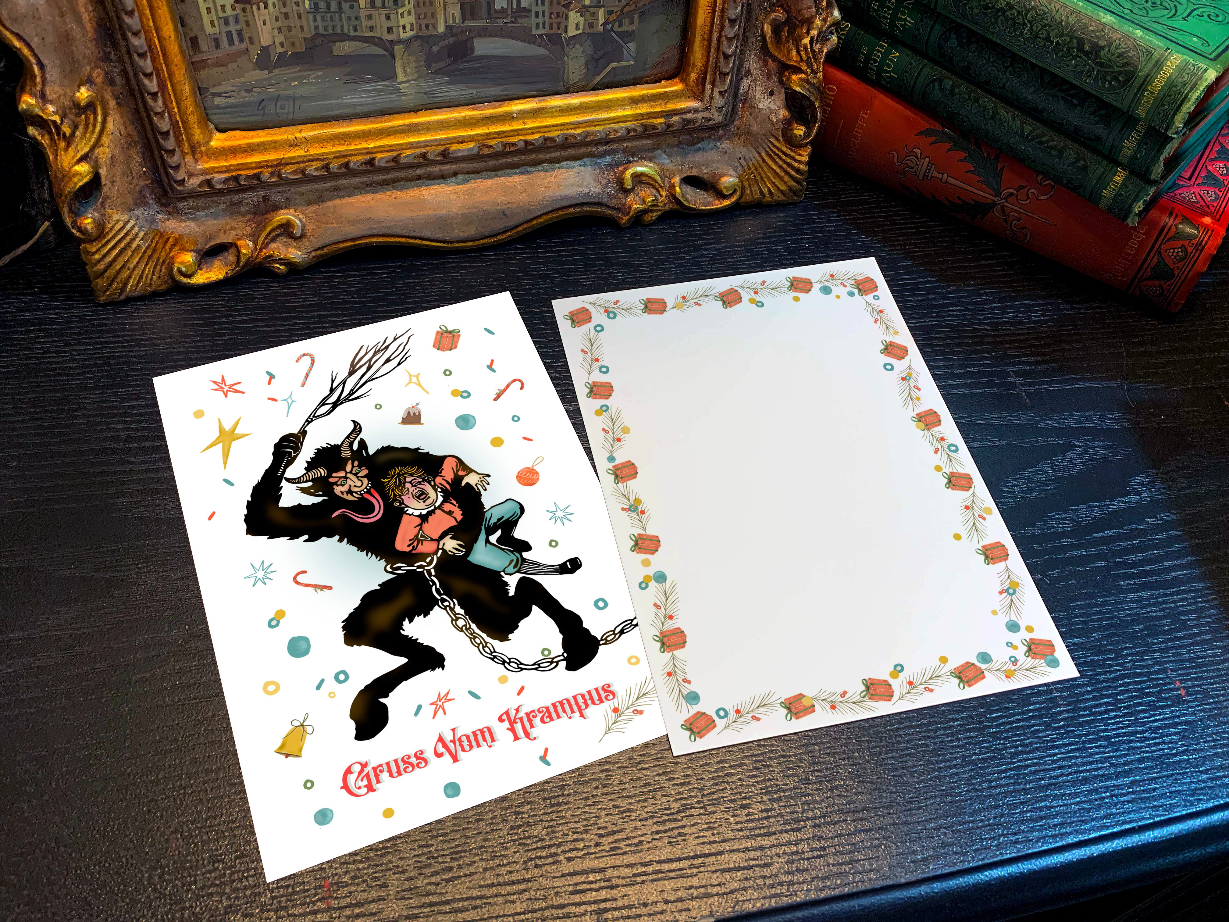 Merry Mischief, Gruss Vom Krampus, Set of Flat Double-sided Krampus Christmas Cards With White Envelopes, 5in x 7in