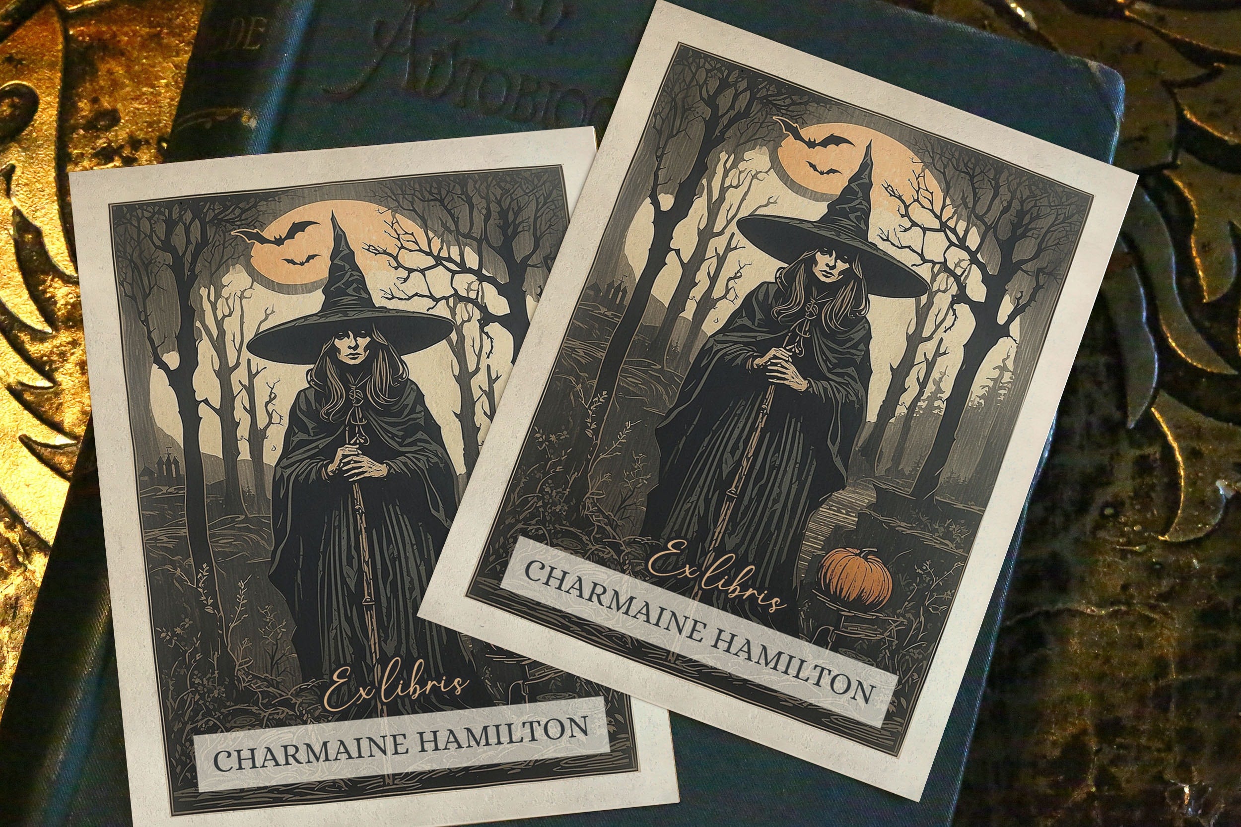 Mystical Pumpkin Witch, Personalized Ex-Libris Bookplates, Crafted on Traditional Gummed Paper, 3in x 4in, Set of 30