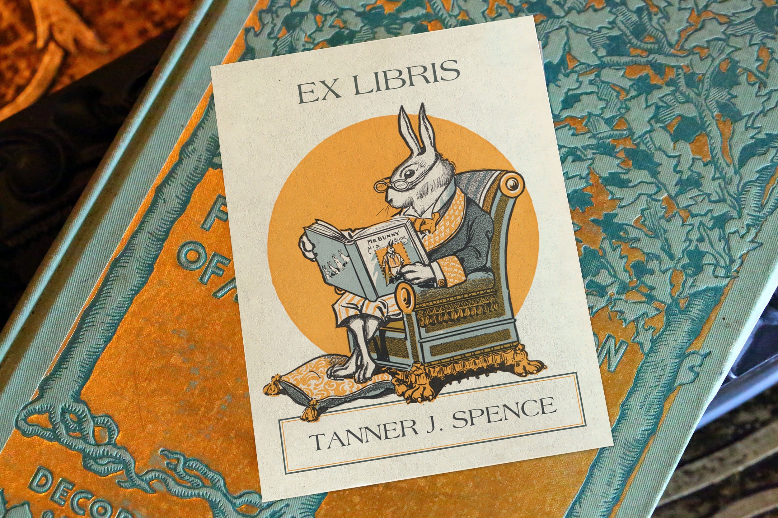 Mr Bunny, Personalized Ex-Libris Bookplates, Crafted on Traditional Gummed Paper, 3in x 4in, Set of 30