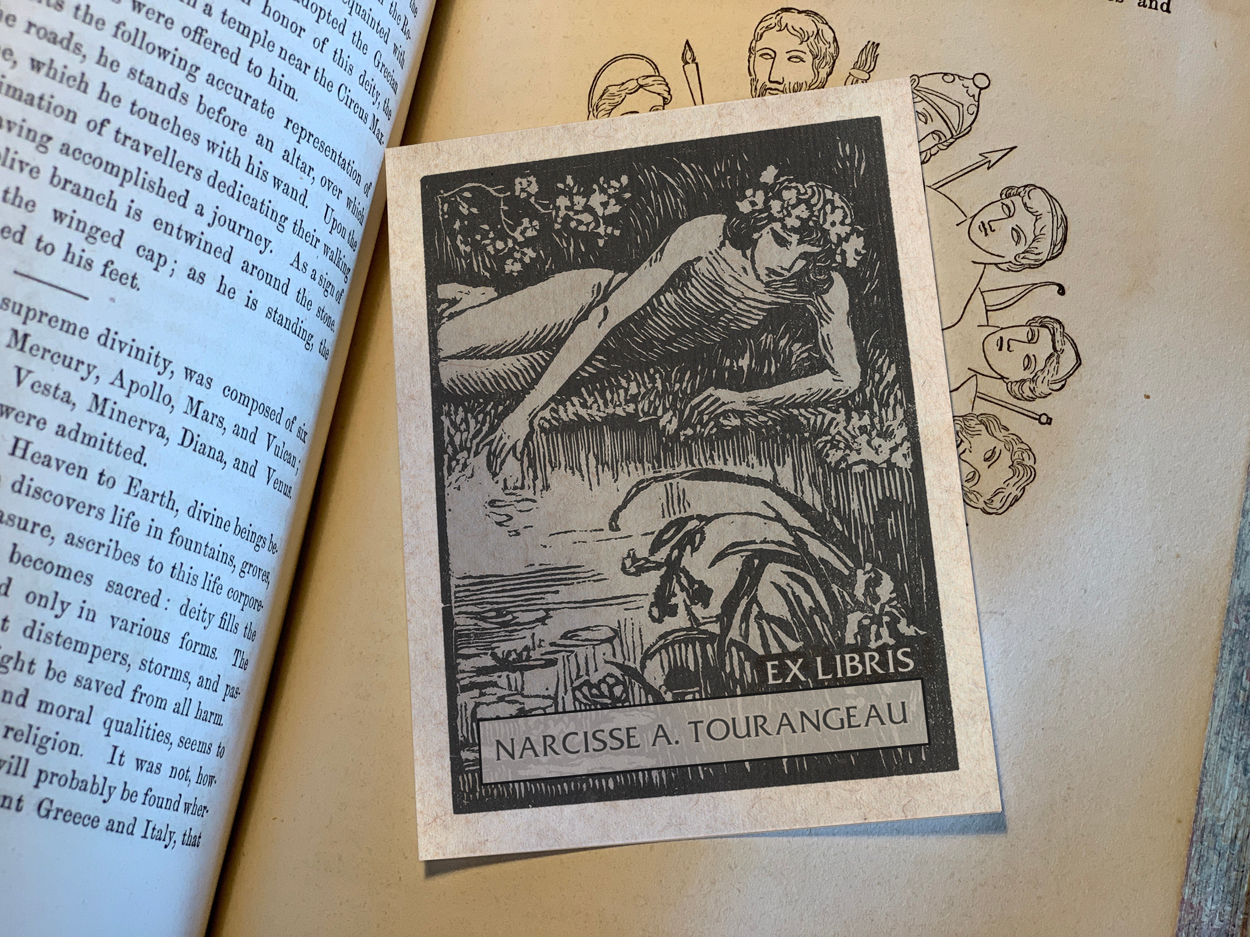 Narcissus, Mythological, Personalized Ex-Libris Bookplates, Crafted on Traditional Gummed Paper, 2.5in x 4in, Set of 30