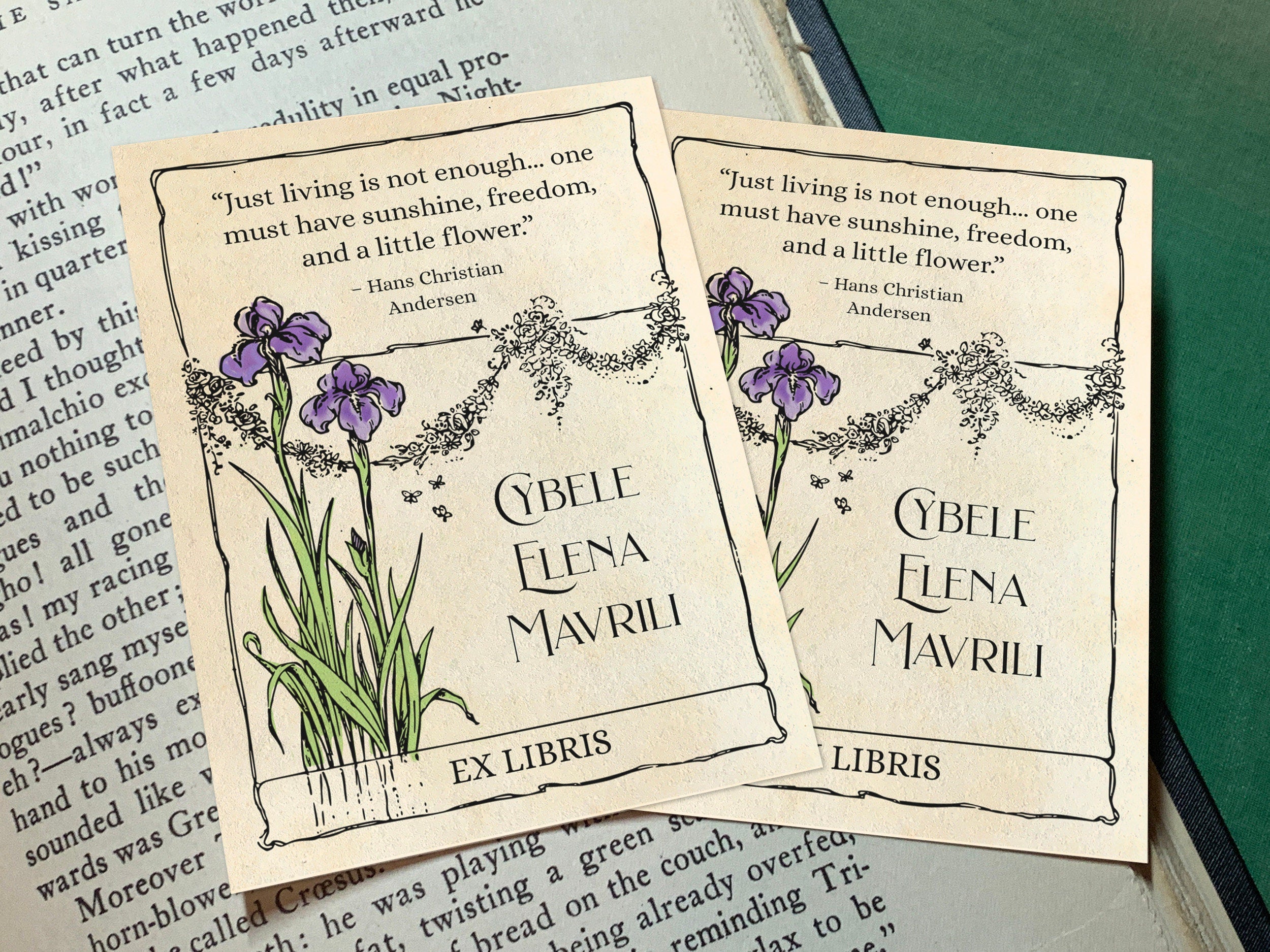 Romantic Iris, Art Deco Personalized Ex-Libris Bookplates, Crafted on Traditional Gummed Paper, 4in x 3in, Set of 30