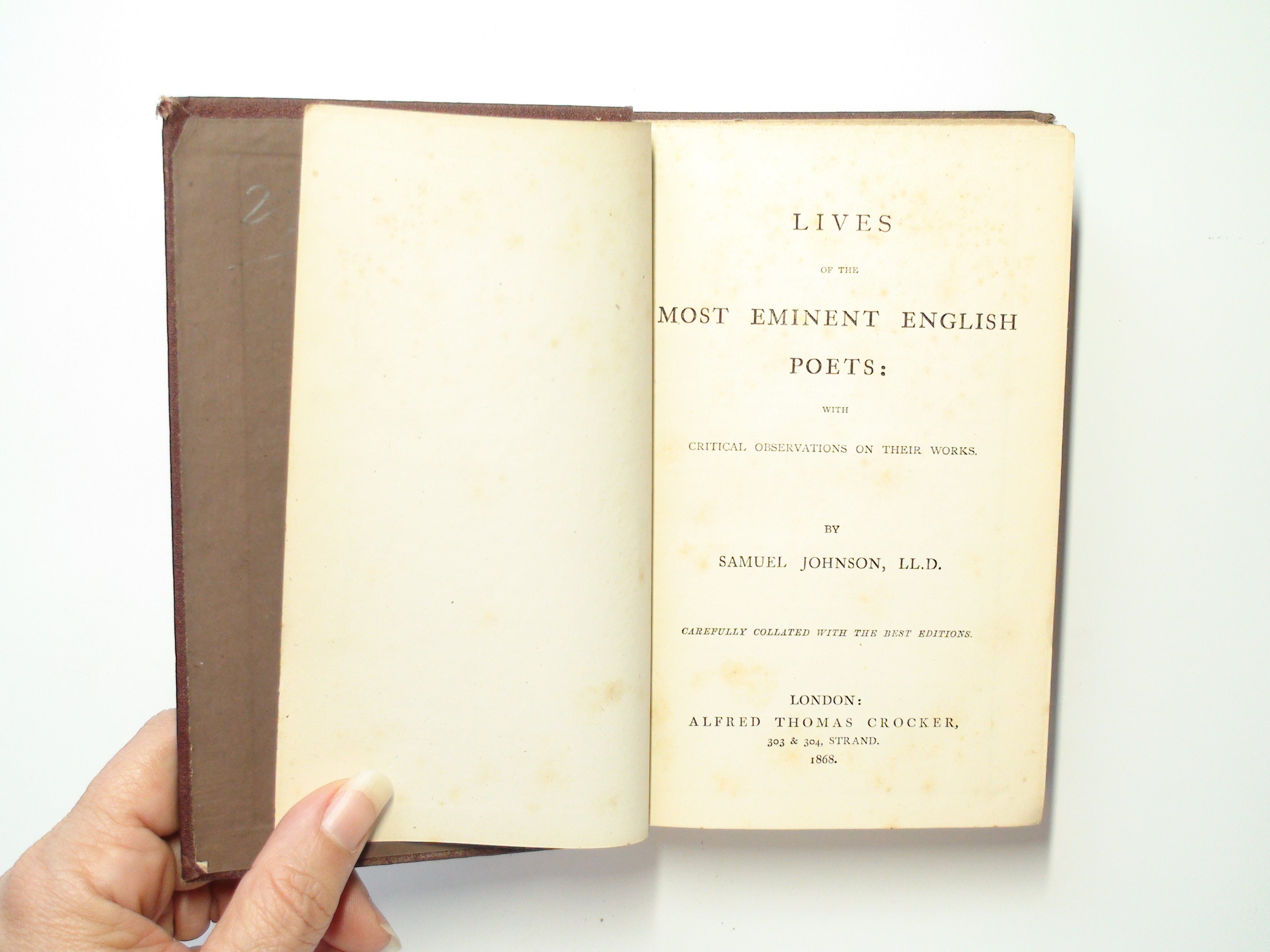 Lives of the Most Eminent English Poets, Samuel Johnson, Pub by Alfred Thomas Crocker, London, 1868