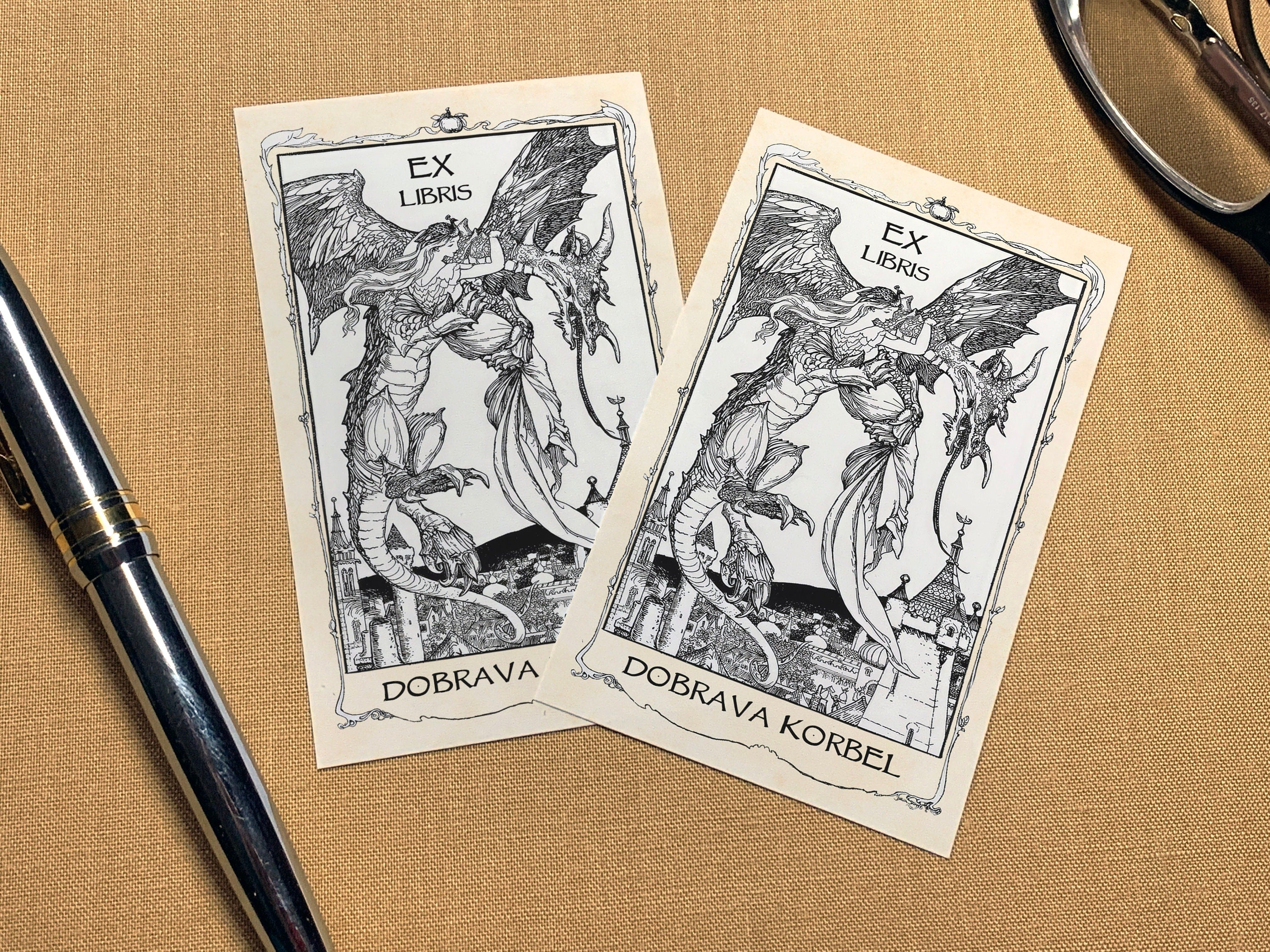 The Lady and the Dragon, Fairytale Personalized Ex-Libris Bookplates, Crafted on Traditional Gummed Paper, 2.5in x 4in, Set of 30