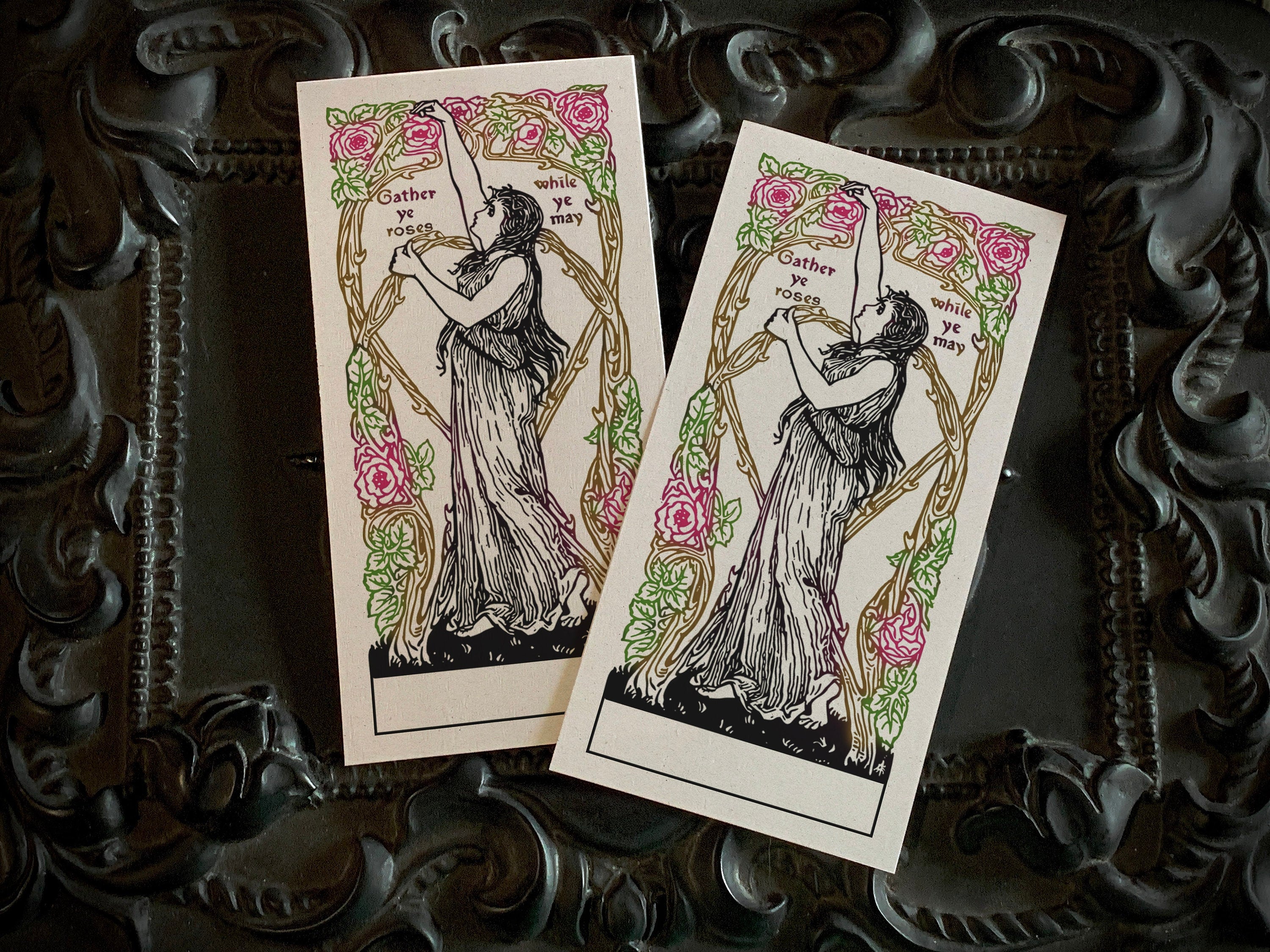 Gather Ye Roses While Ye May, Personalized Ex-Libris Bookplates, Crafted on Traditional Gummed Paper, 4in x 2in, Set of 30