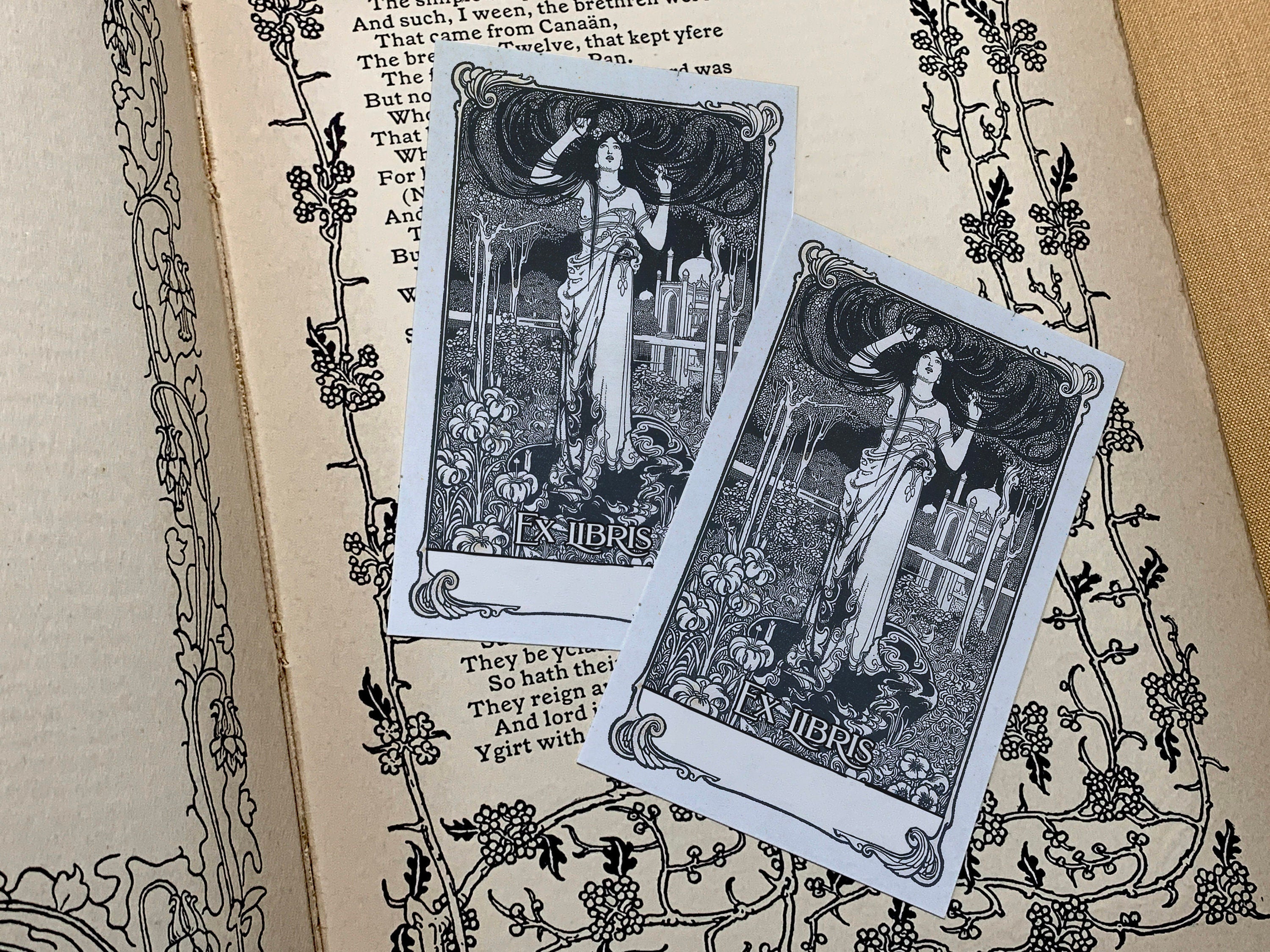 Ligeia, Personalized Art Nouveau Ex-Libris Bookplates, Crafted on Traditional Gummed Paper, 4in x 2.5in, Set of 30