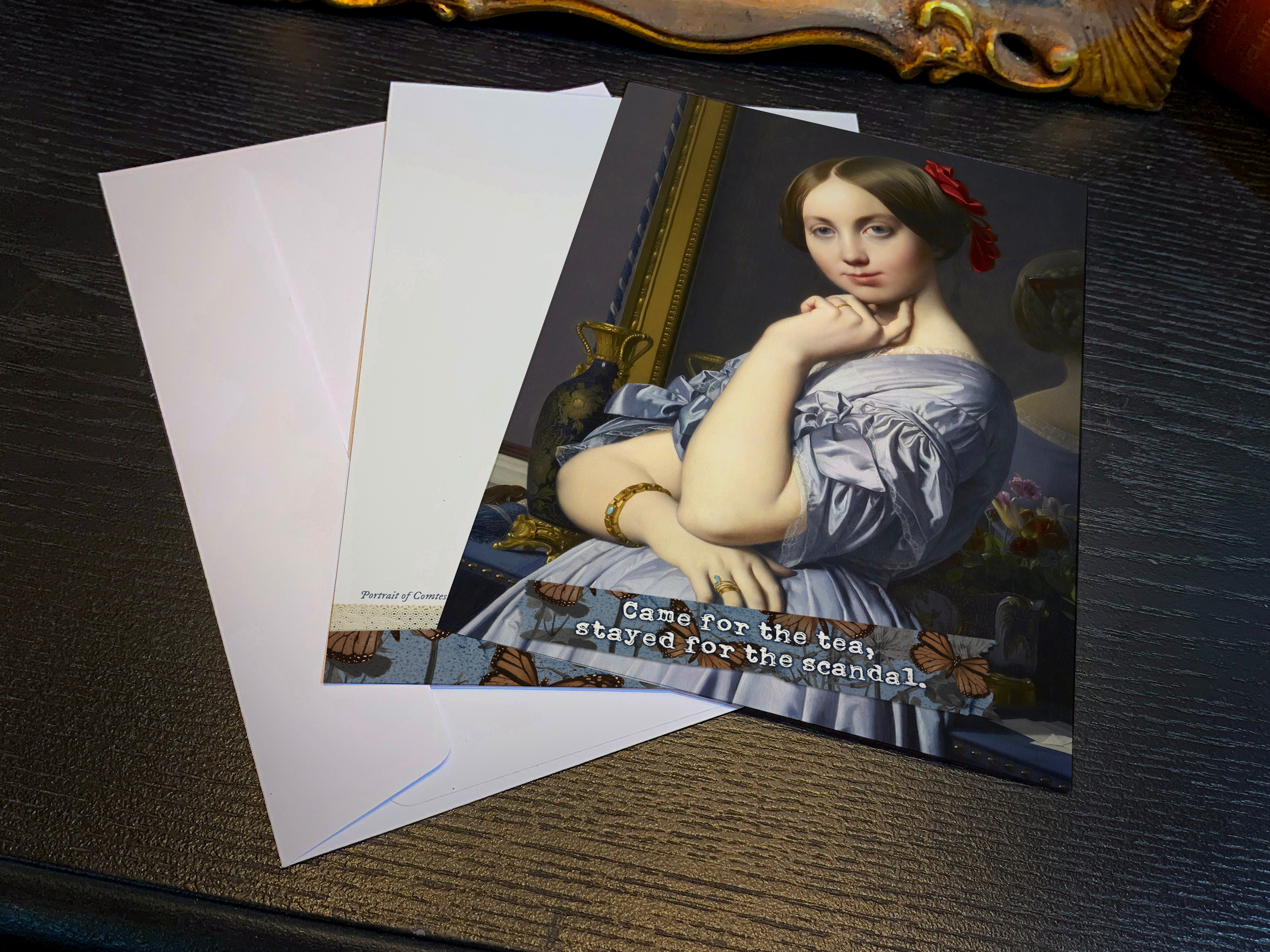 Came for the Tea, Stayed for the Scandal, Funny Everyday Set of  Flat Double-sided Regency Notecards Cards With White Envelopes, 5in x 7in