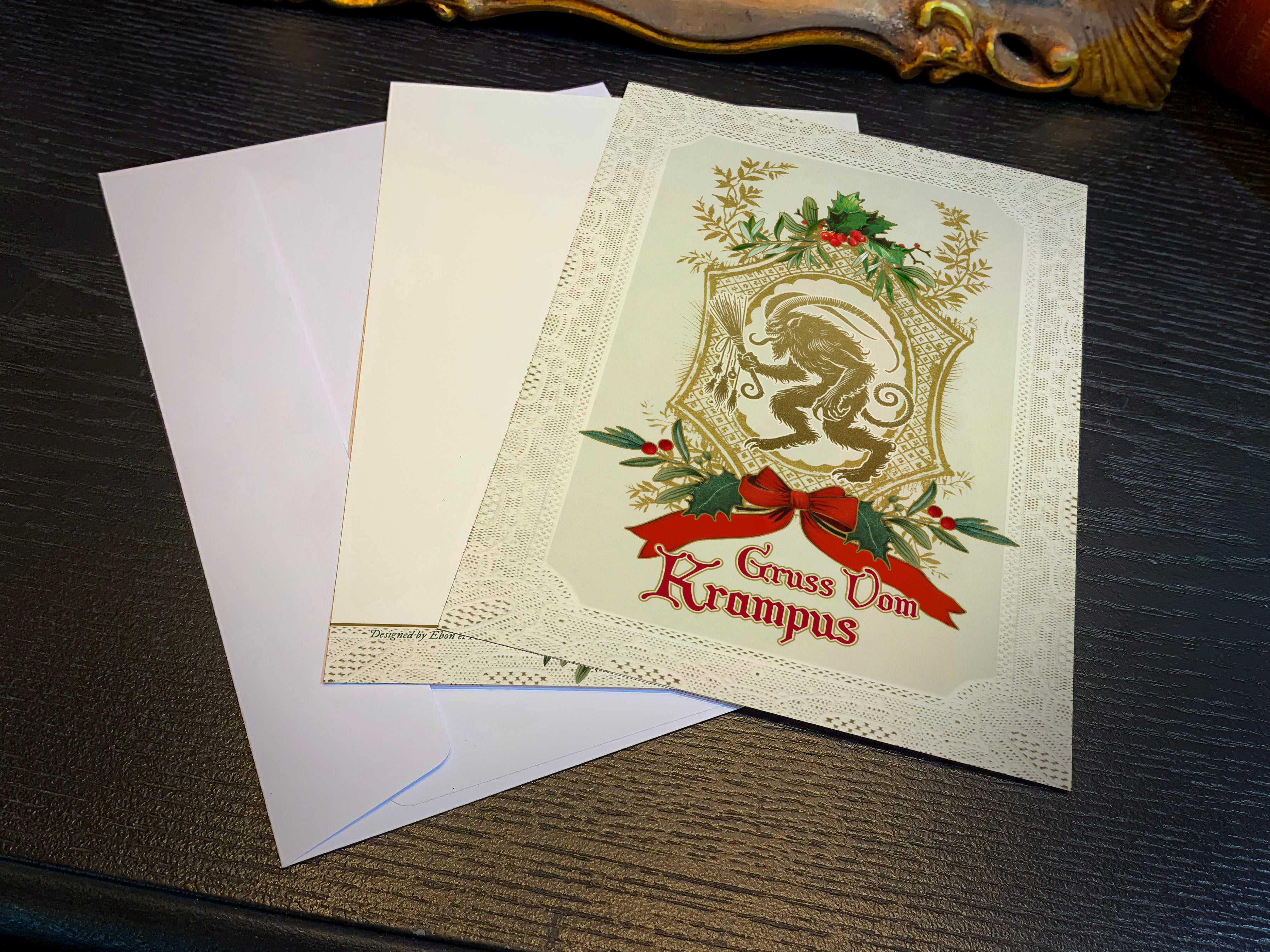 Laced With Mischief, Gruss Vom Krampus, Set of Flat Double-sided Christmas Cards With White Envelopes, 5in x 7in