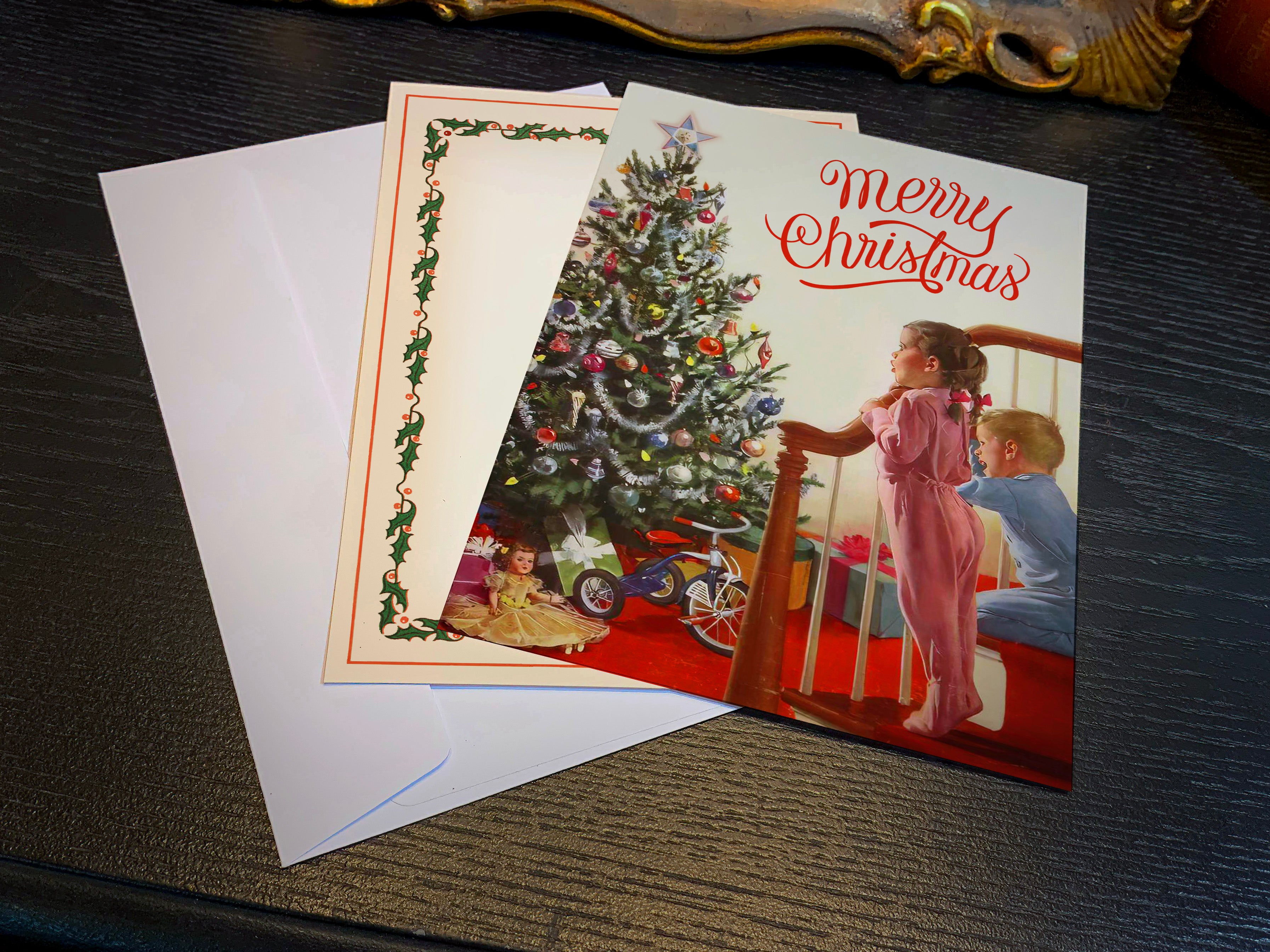 Christmas Morning, Set of 5in x 7in Flat Christmas Cards With White Envelopes