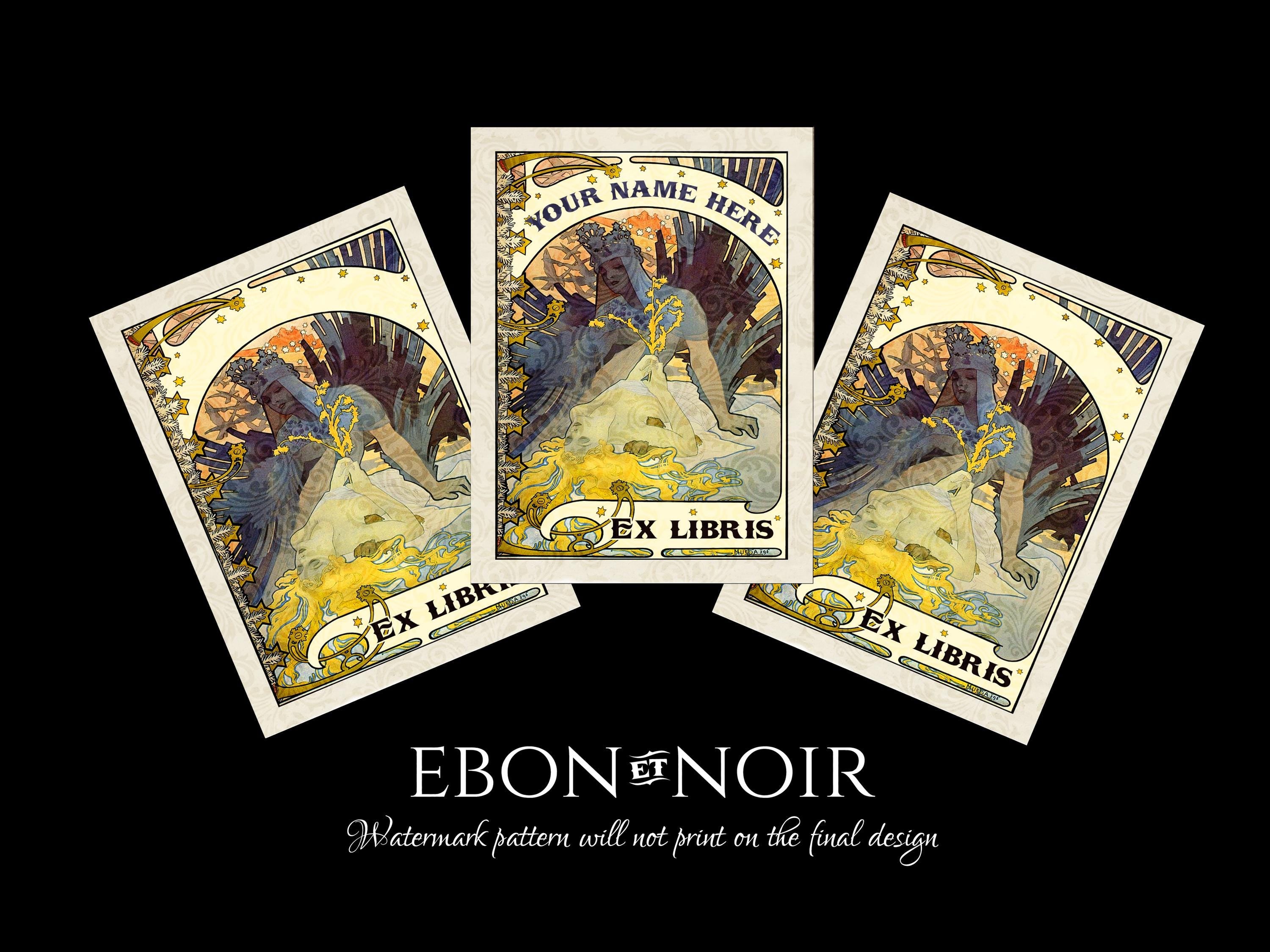 Sun and Moon by Alphonse Mucha, Personalized Art Nouveau Ex-Libris Bookplates, Crafted on Traditional Gummed Paper, 3in x 4in, Set of 30