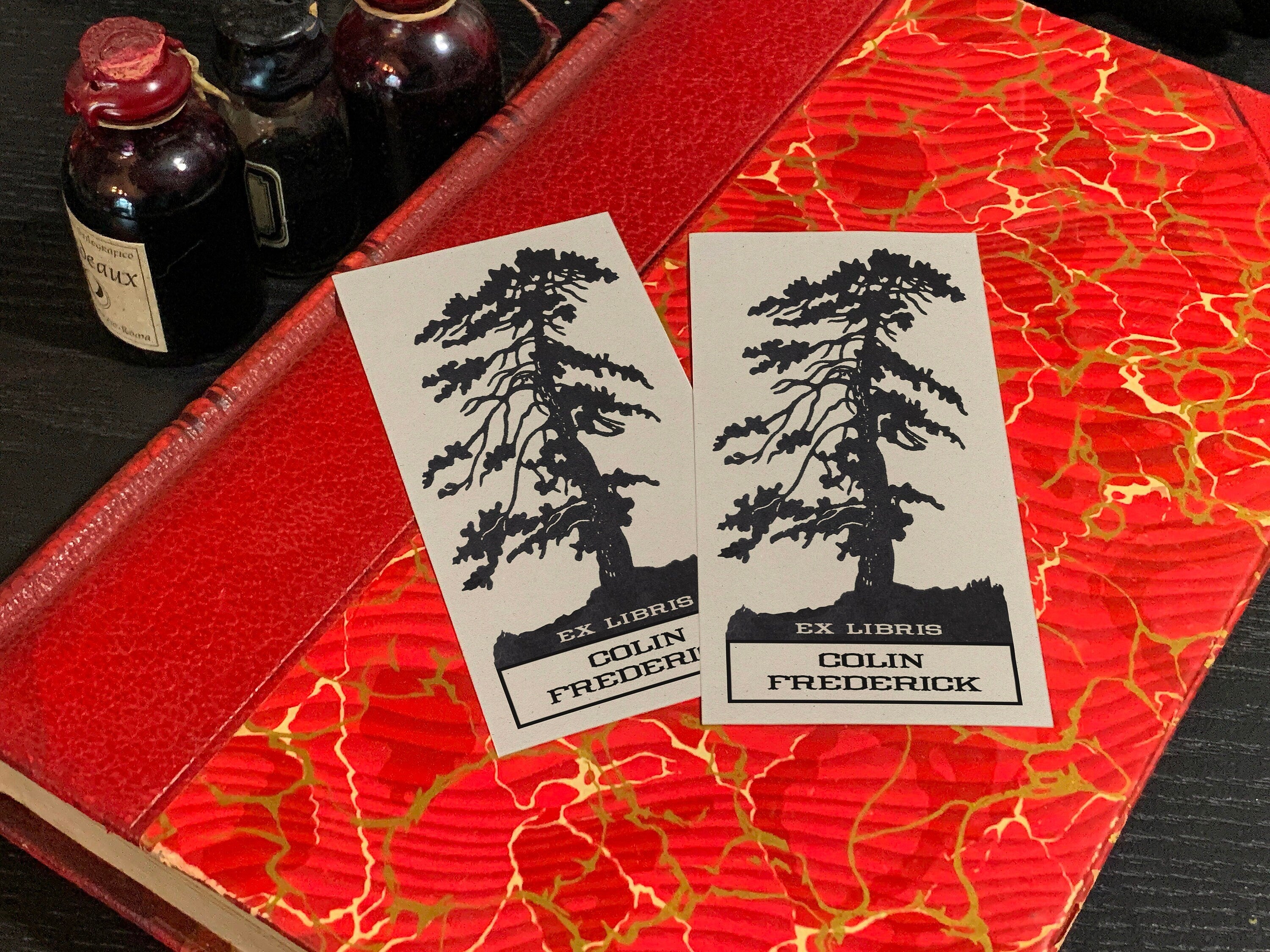 Windswept Pine, Personalized Ex-Libris Bookplates, Crafted on Traditional Gummed Paper, 4in x 2in, Set of 30