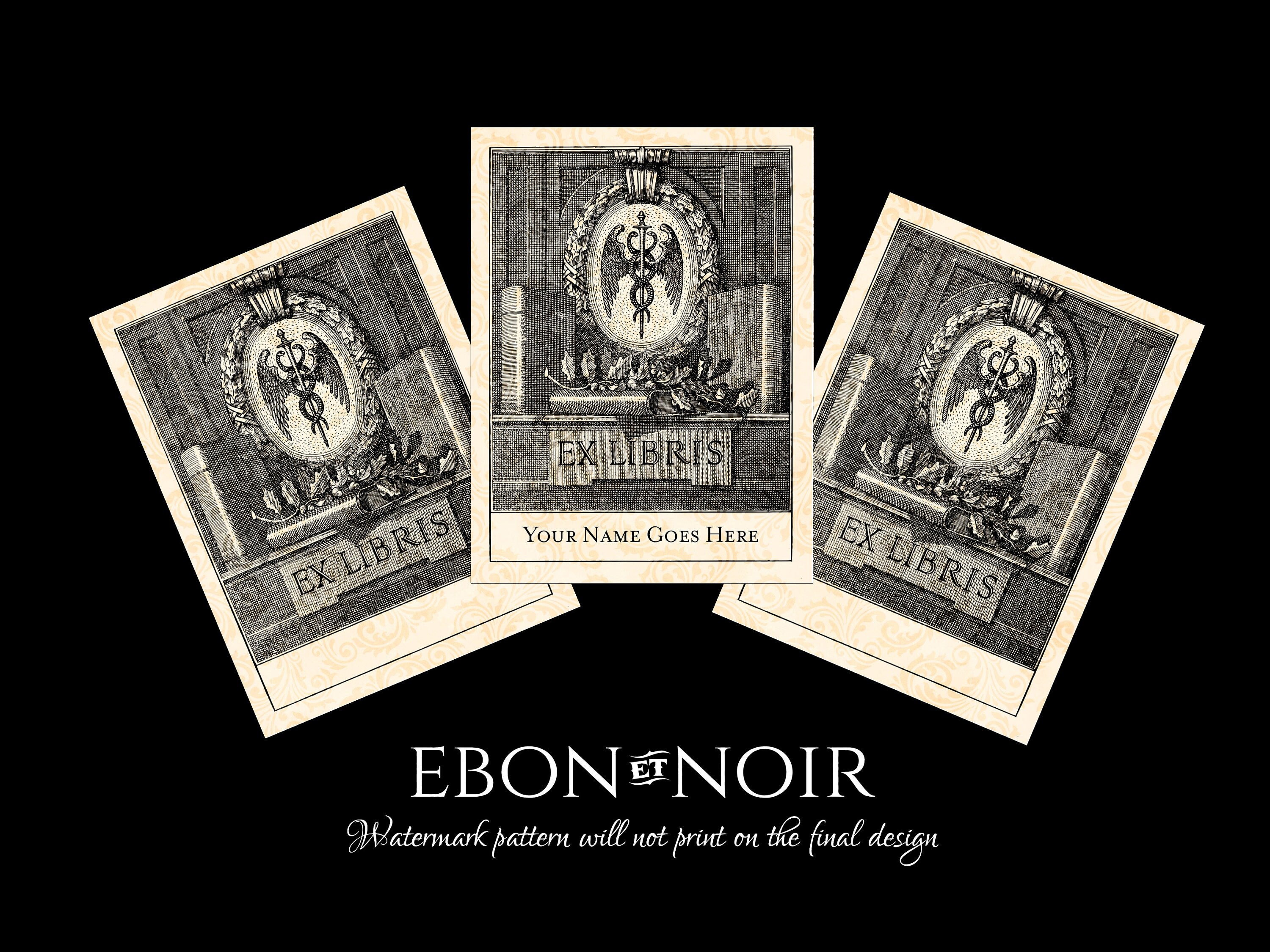 Caduceus, Personalized Ex-Libris Bookplates, Crafted on Traditional Gummed Paper, 3in x 4in, Set of 30