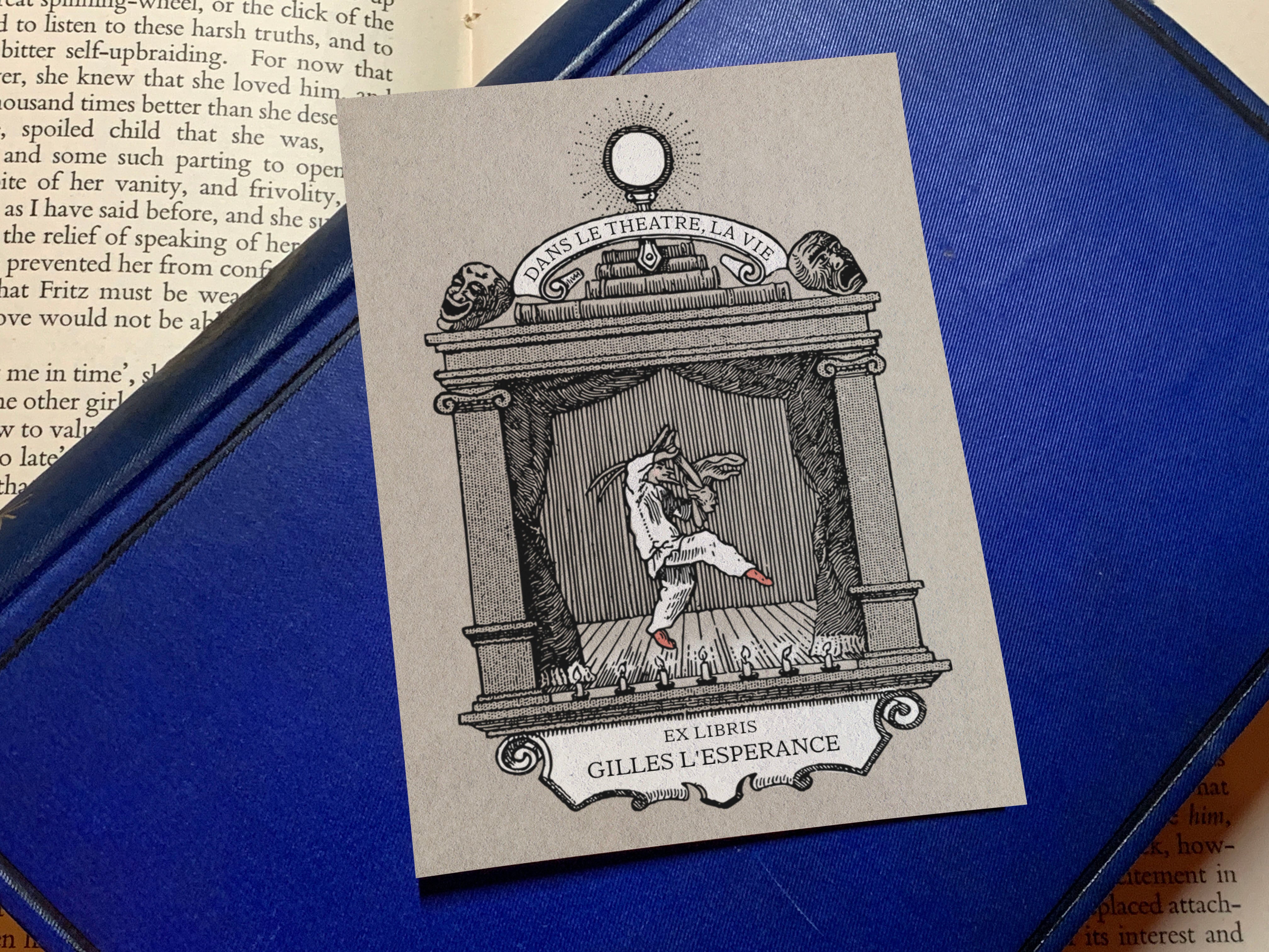 Coviello, Dans le Theatre, Le Vie, Personalized Ex-Libris Bookplates, Crafted on Traditional Gummed Paper, 2.5in x 4in, Set of 30