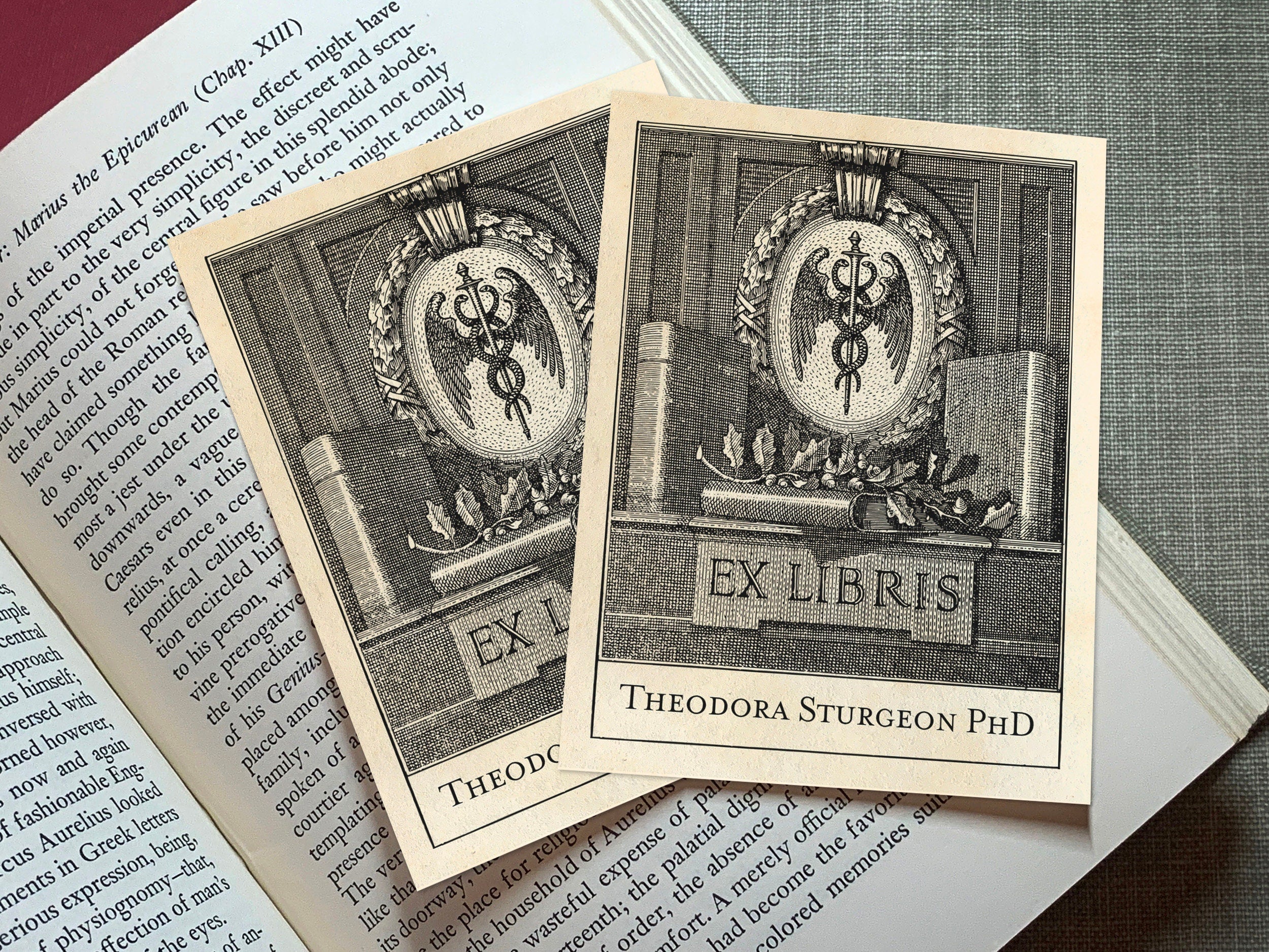 Caduceus, Personalized Ex-Libris Bookplates, Crafted on Traditional Gummed Paper, 3in x 4in, Set of 30