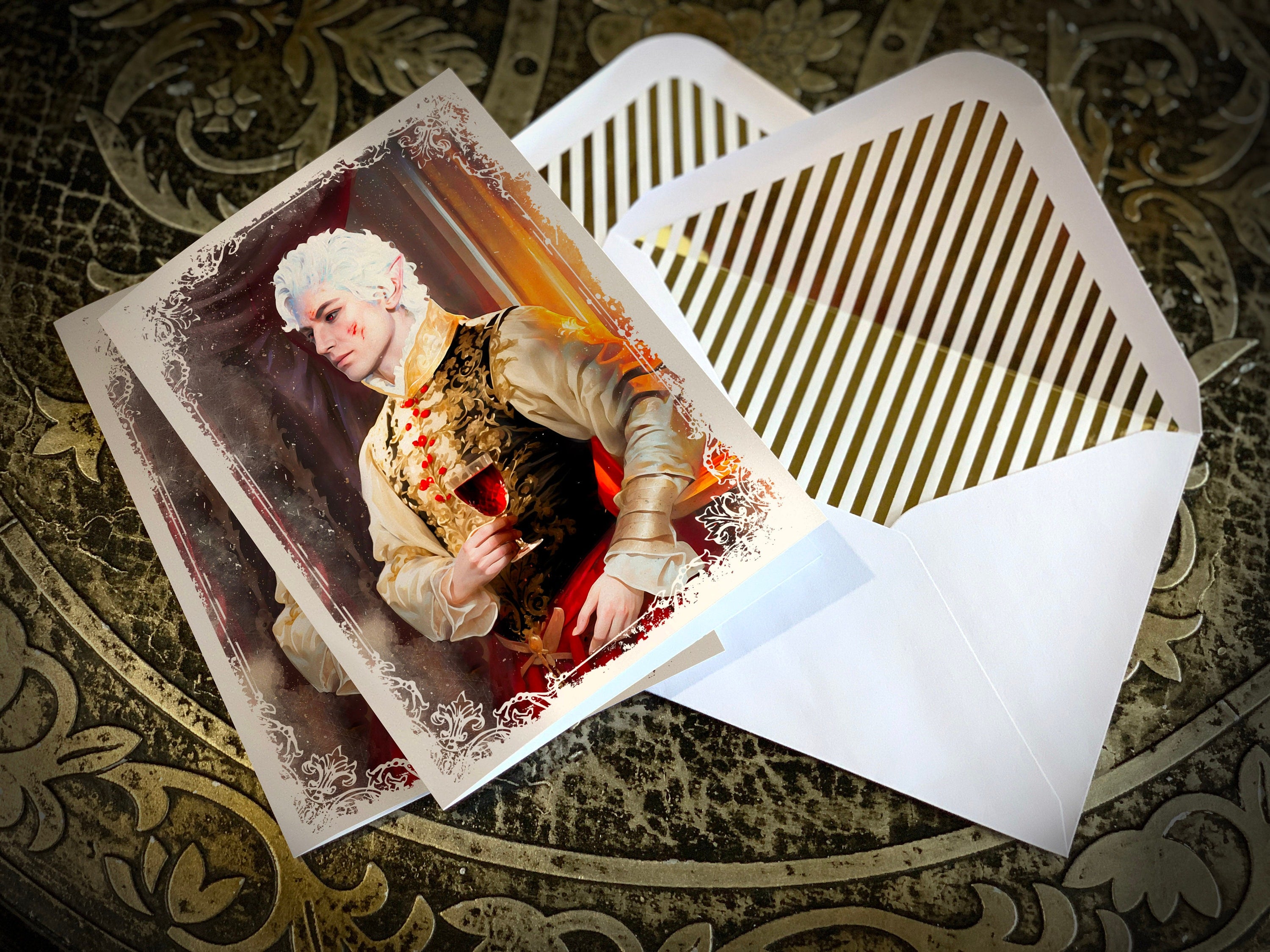 Astarion the Pale Elf, Baldur's Gate Fan Art, Greeting Card with Gold Foil Envelope, 16 Vampiric Messages to Choose From, 1 Card/Envelope