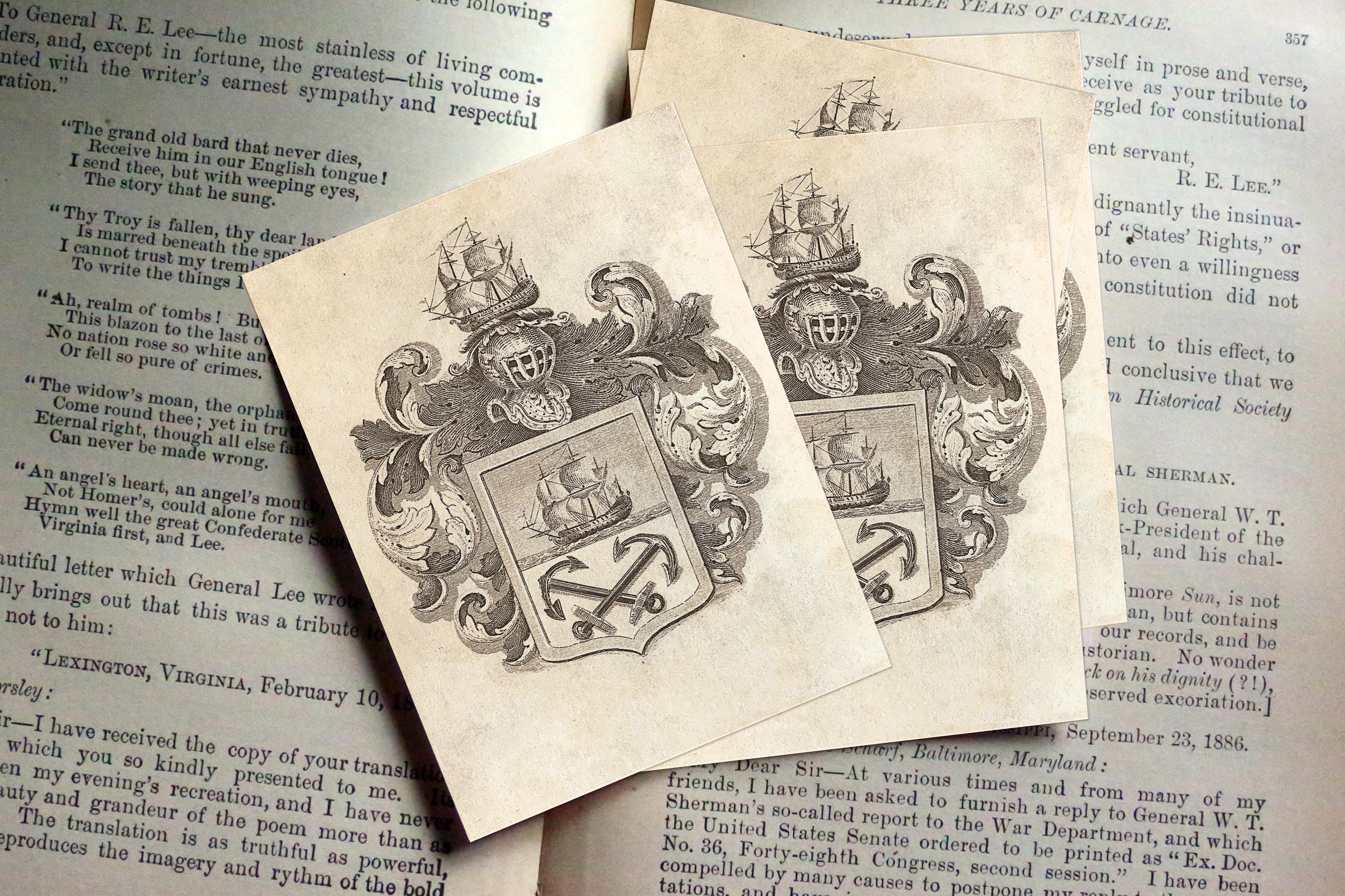 Two Anchors, Personalized Heraldic Ex-Libris Bookplates, Crafted on Traditional Gummed Paper, 3in x 4in, Set of 30