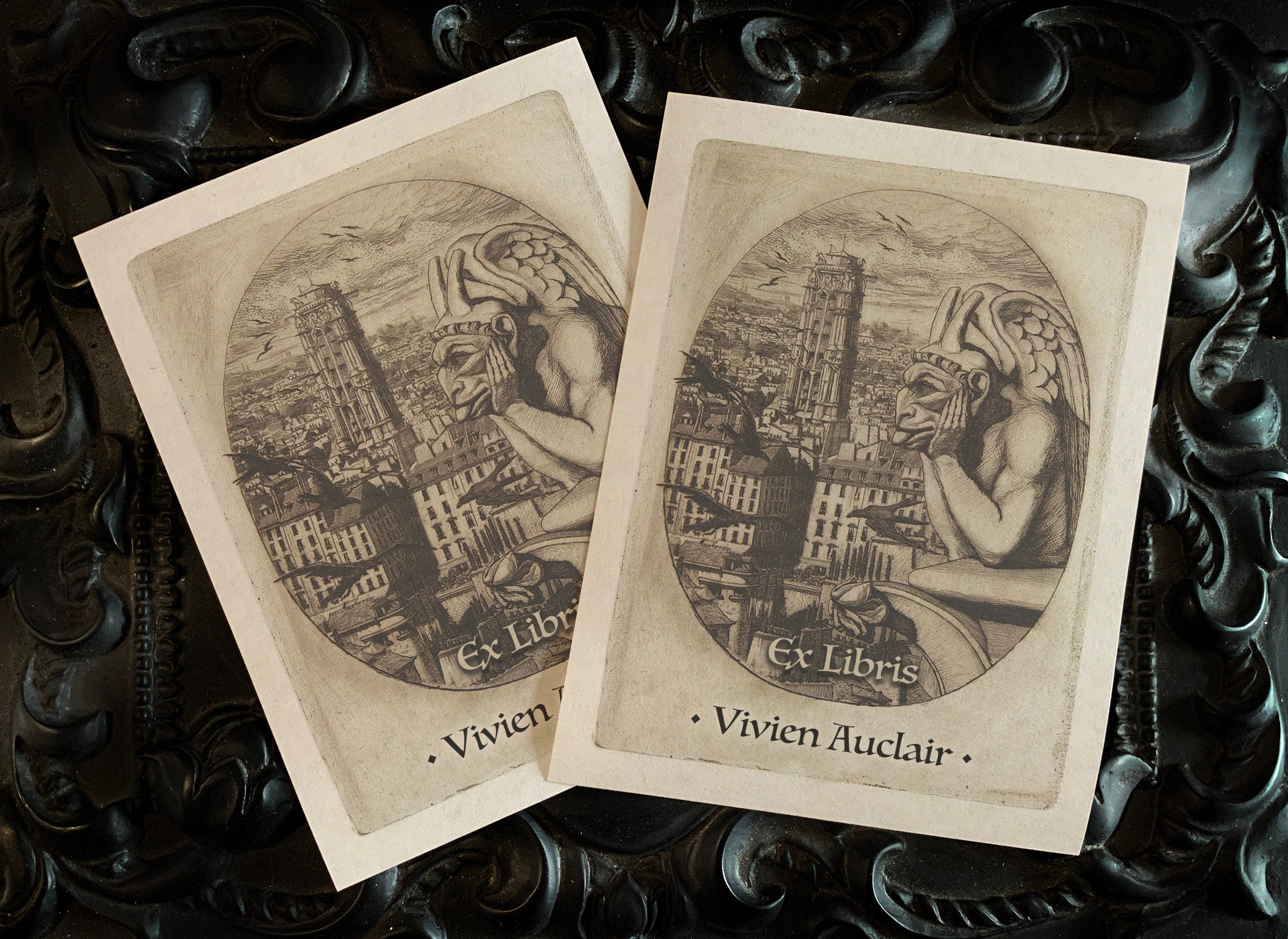 Notre Dame Vampire, Personalized Gothic Ex-Libris Bookplates, Crafted on Traditional Gummed Paper, 3in x 4in, Set of 30