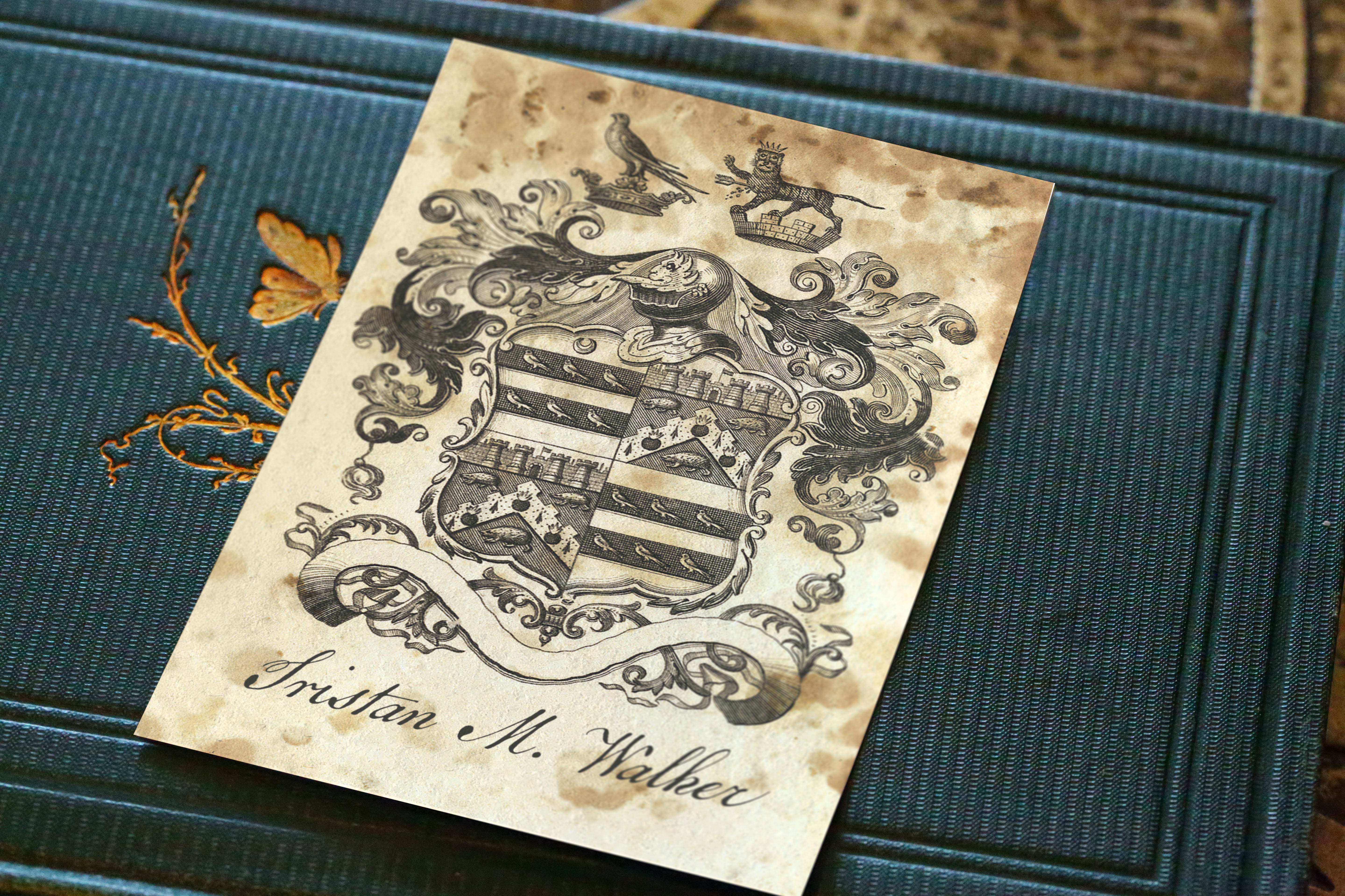 Heraldic Shield, Personalized Heraldic Ex-Libris Bookplates, Crafted on Traditional Gummed Paper, 3in x 4in, Set of 30