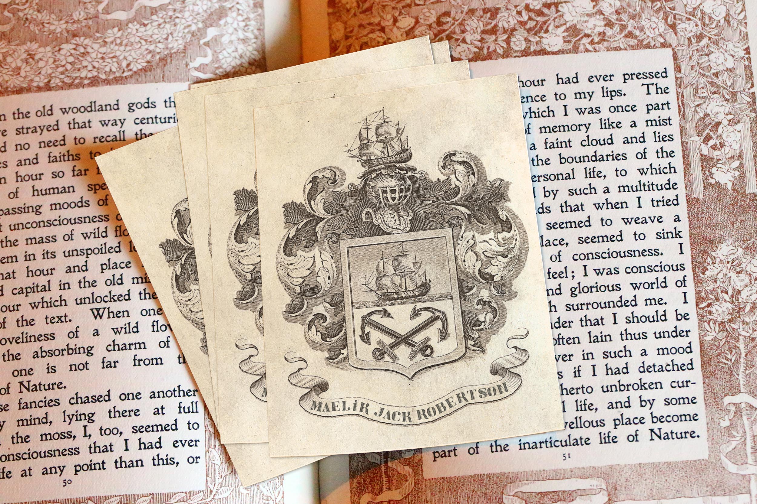 Two Anchors, Personalized Heraldic Ex-Libris Bookplates, Crafted on Traditional Gummed Paper, 3in x 4in, Set of 30