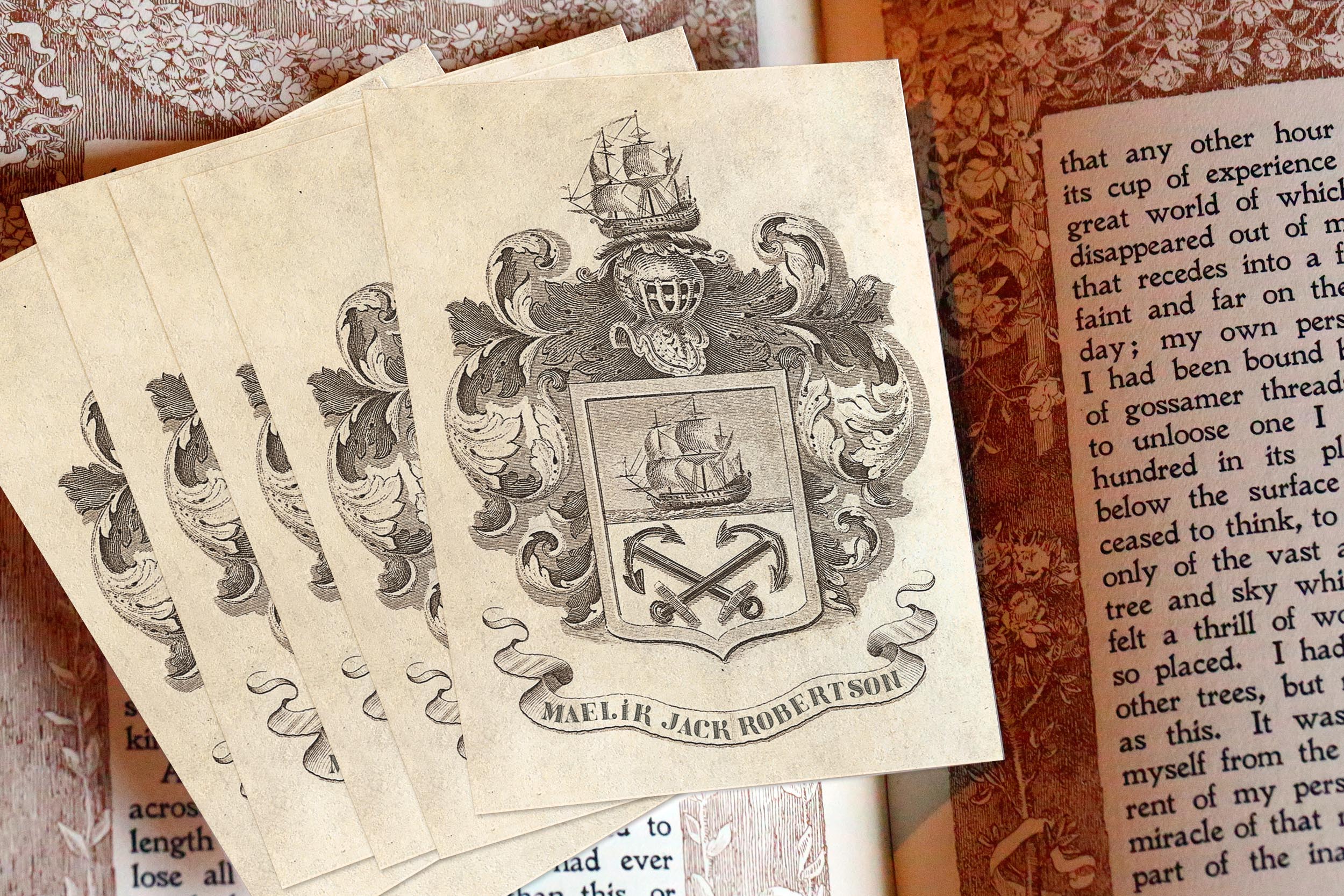 Two Anchors, Personalized Heraldic Ex-Libris Bookplates, Crafted on Traditional Gummed Paper, 3in x 4in, Set of 30