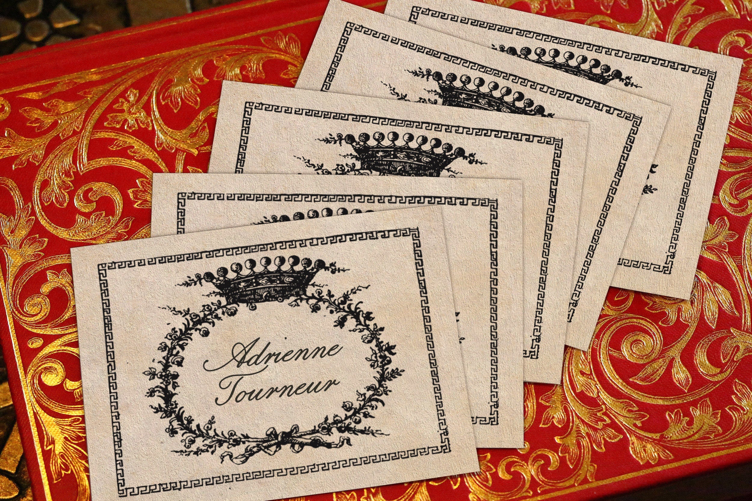 Crown and Wreath, Personalized Ex-Libris Bookplates, or Labels, Crafted on Traditional Gummed Paper, 3.25in x 2.5in, Set of 30