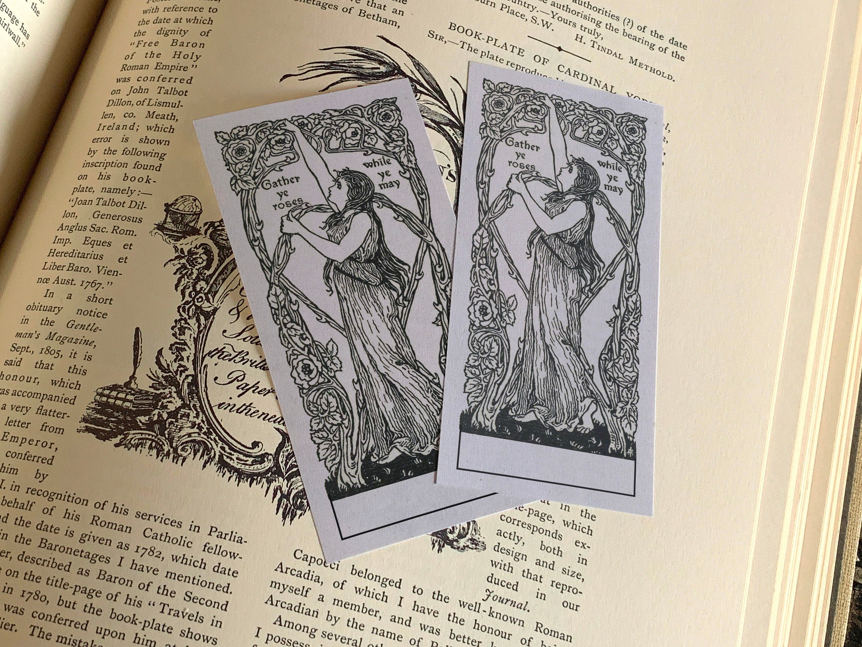 Gather Ye Roses While Ye May, Personalized Ex-Libris Bookplates, Crafted on Traditional Gummed Paper, 4in x 2in, Set of 30