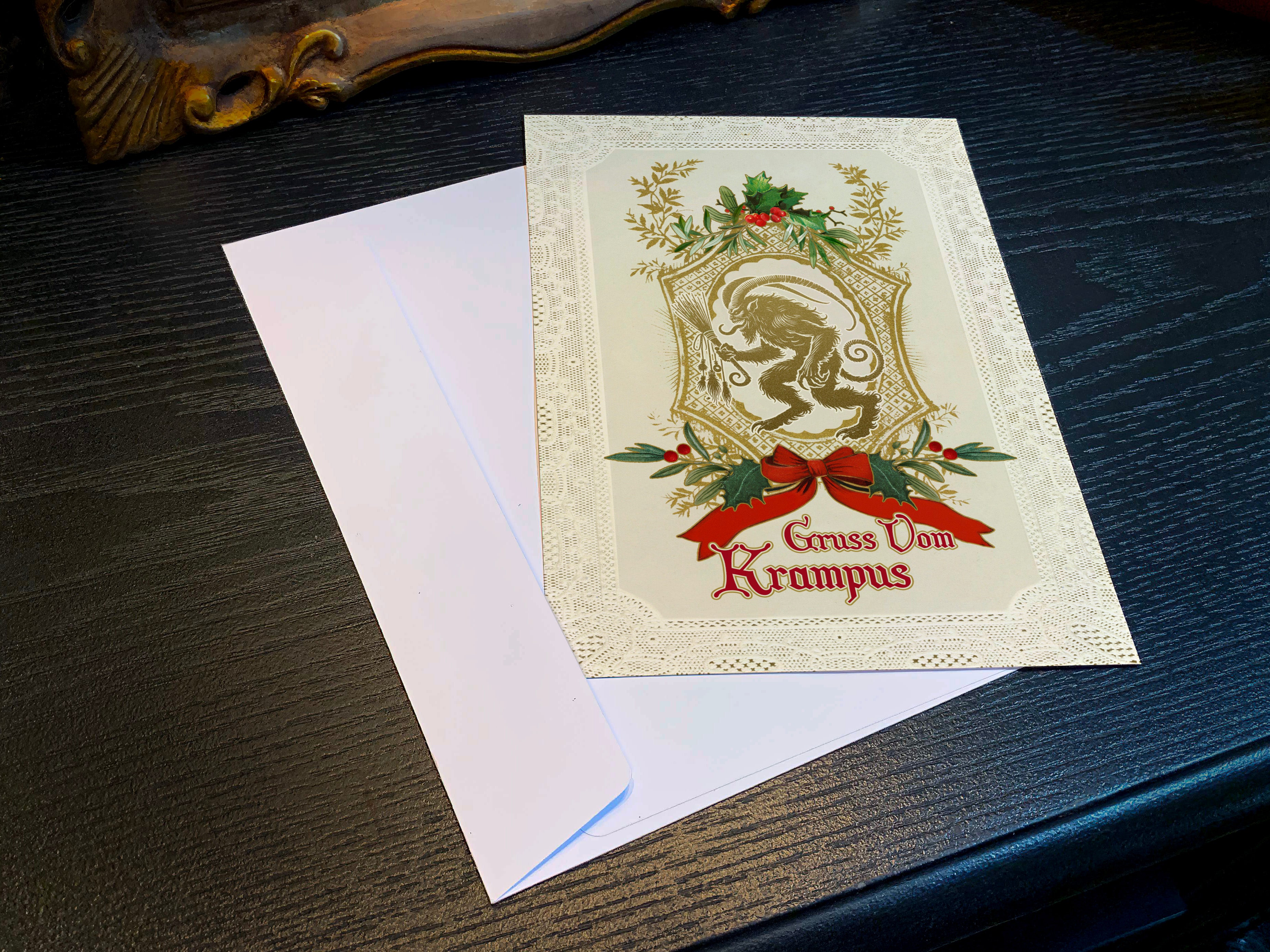 Laced With Mischief, Gruss Vom Krampus, Set of Flat Double-sided Christmas Cards With White Envelopes, 5in x 7in