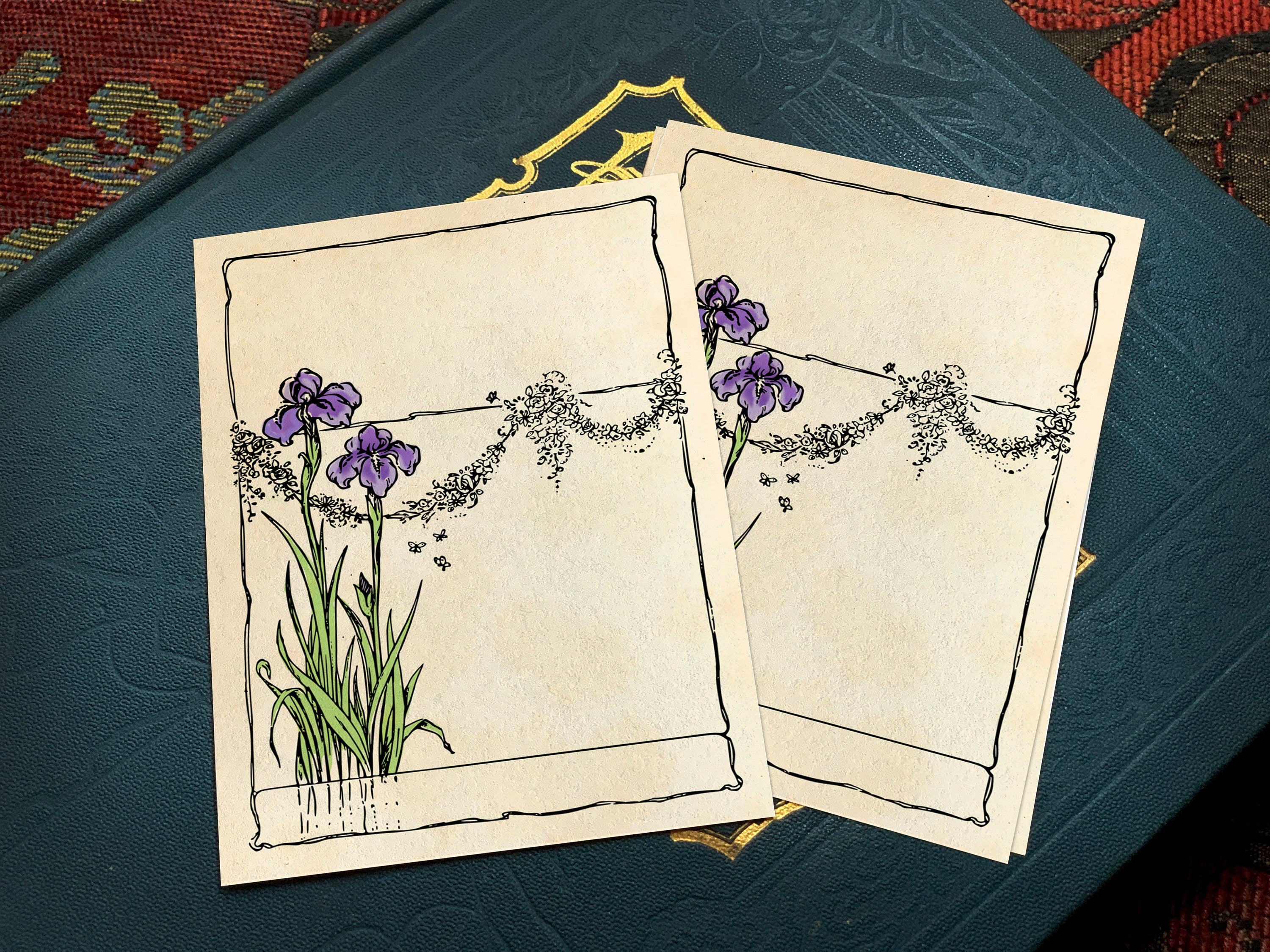 Romantic Iris, Art Deco Personalized Ex-Libris Bookplates, Crafted on Traditional Gummed Paper, 4in x 3in, Set of 30