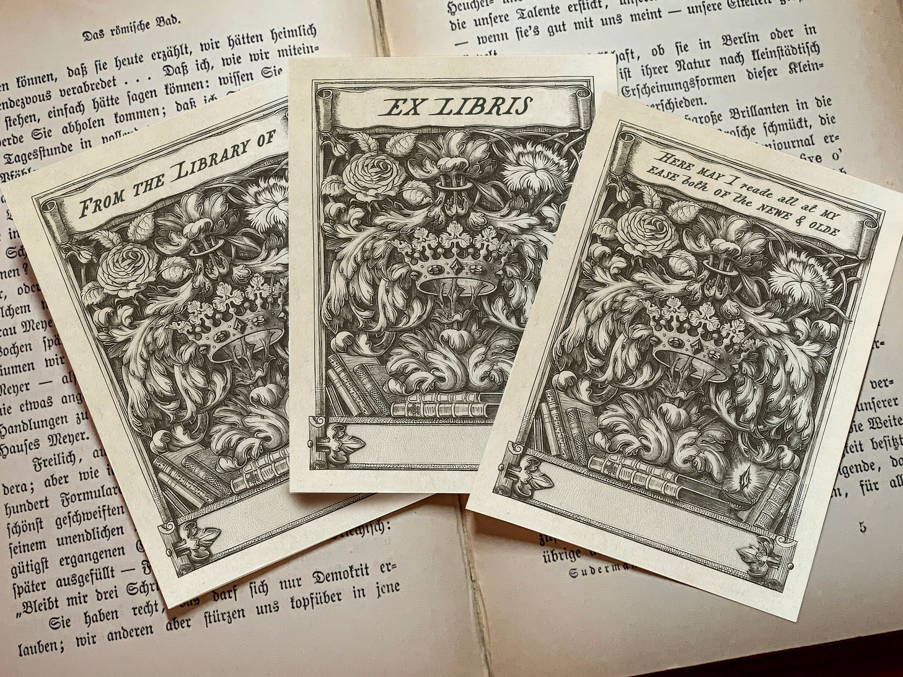 Rose and Crown, Personalized Ex-Libris Bookplates, Crafted on Traditional Gummed Paper, 3in x 4in, Set of 30