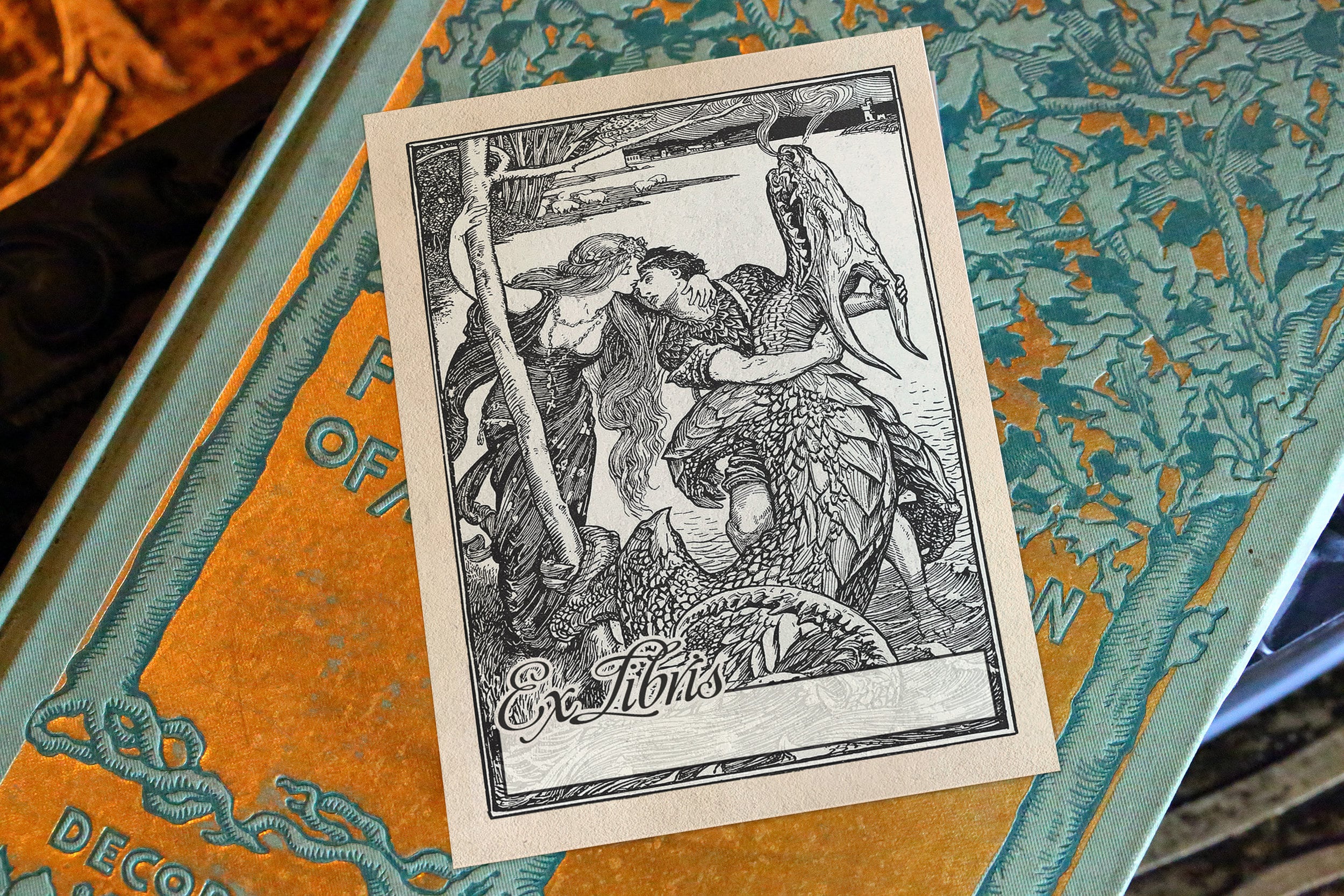 The Kiss That Gave the Victory, Fairytale Dragon, Personalized Ex-Libris Bookplates, Crafted on Gummed Paper, 3in x 4in, Set of 30