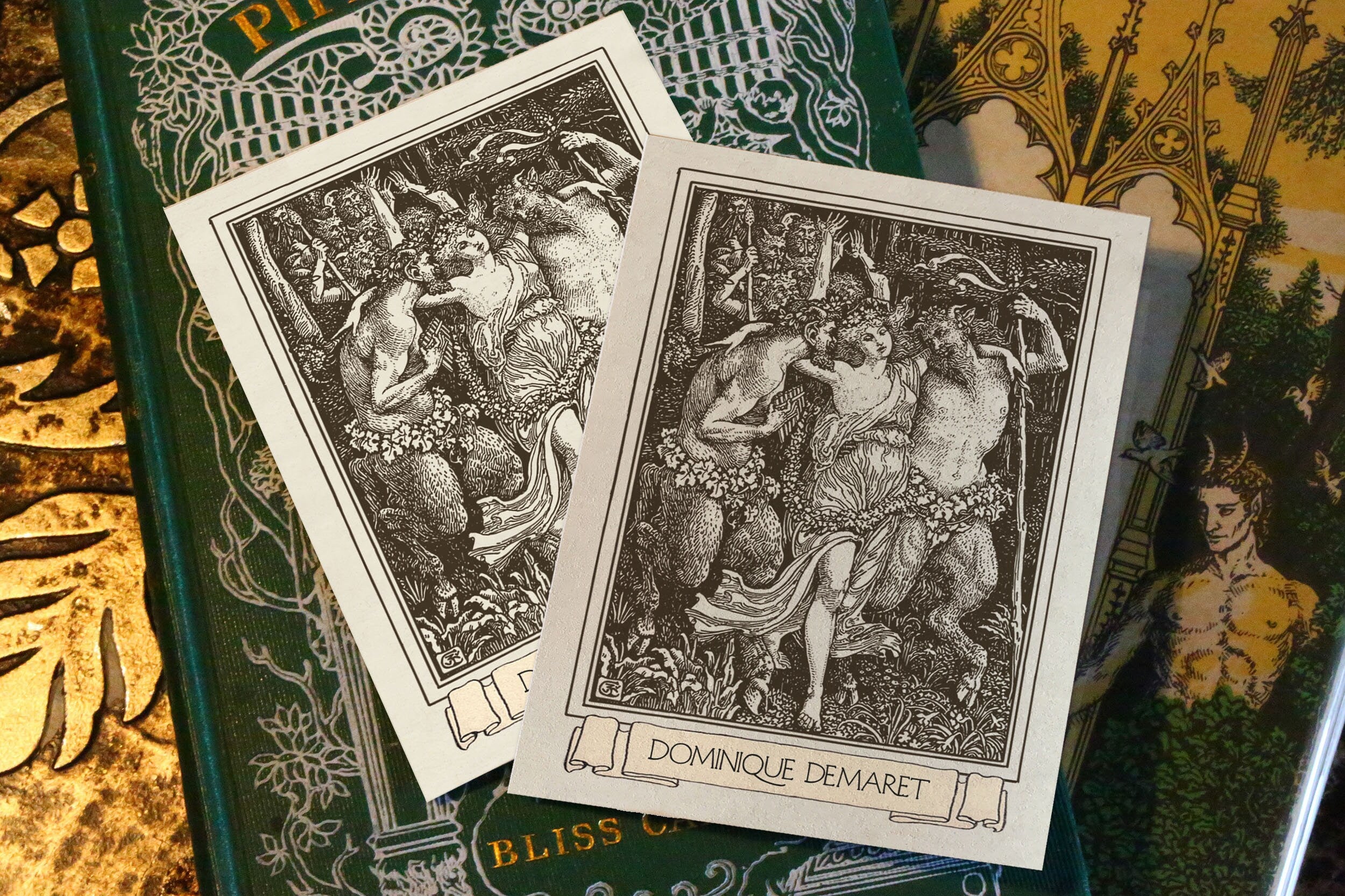 Jolly Satyrs With Nymph, Personalized, Ex-Libris Bookplates, Crafted on Traditional Gummed Paper, 3in x 4in, Set of 30
