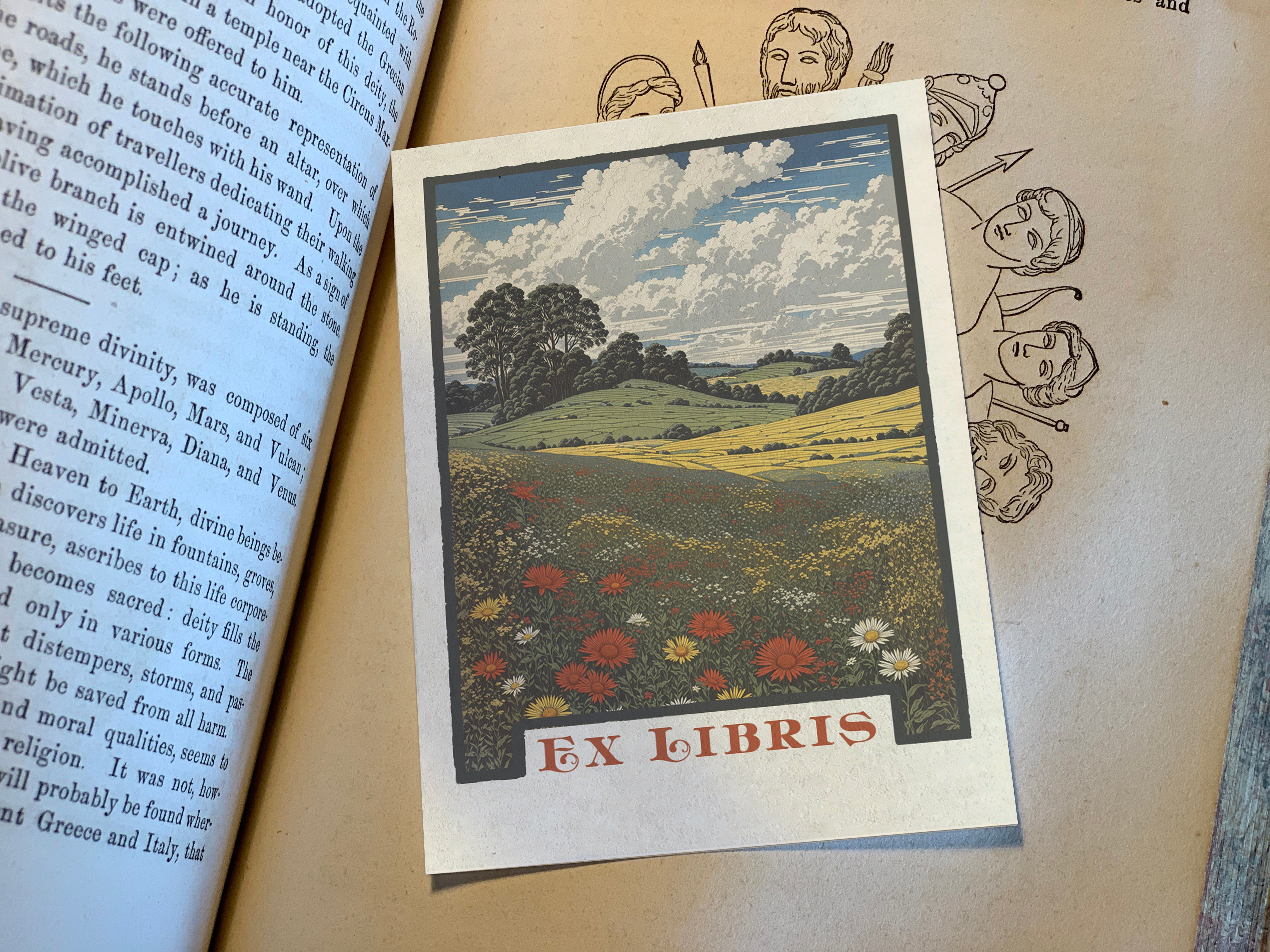 Wildflower Meadow, Personalized Ex-Libris Bookplates, Crafted on Traditional Gummed Paper, 3in x 4in, Set of 30