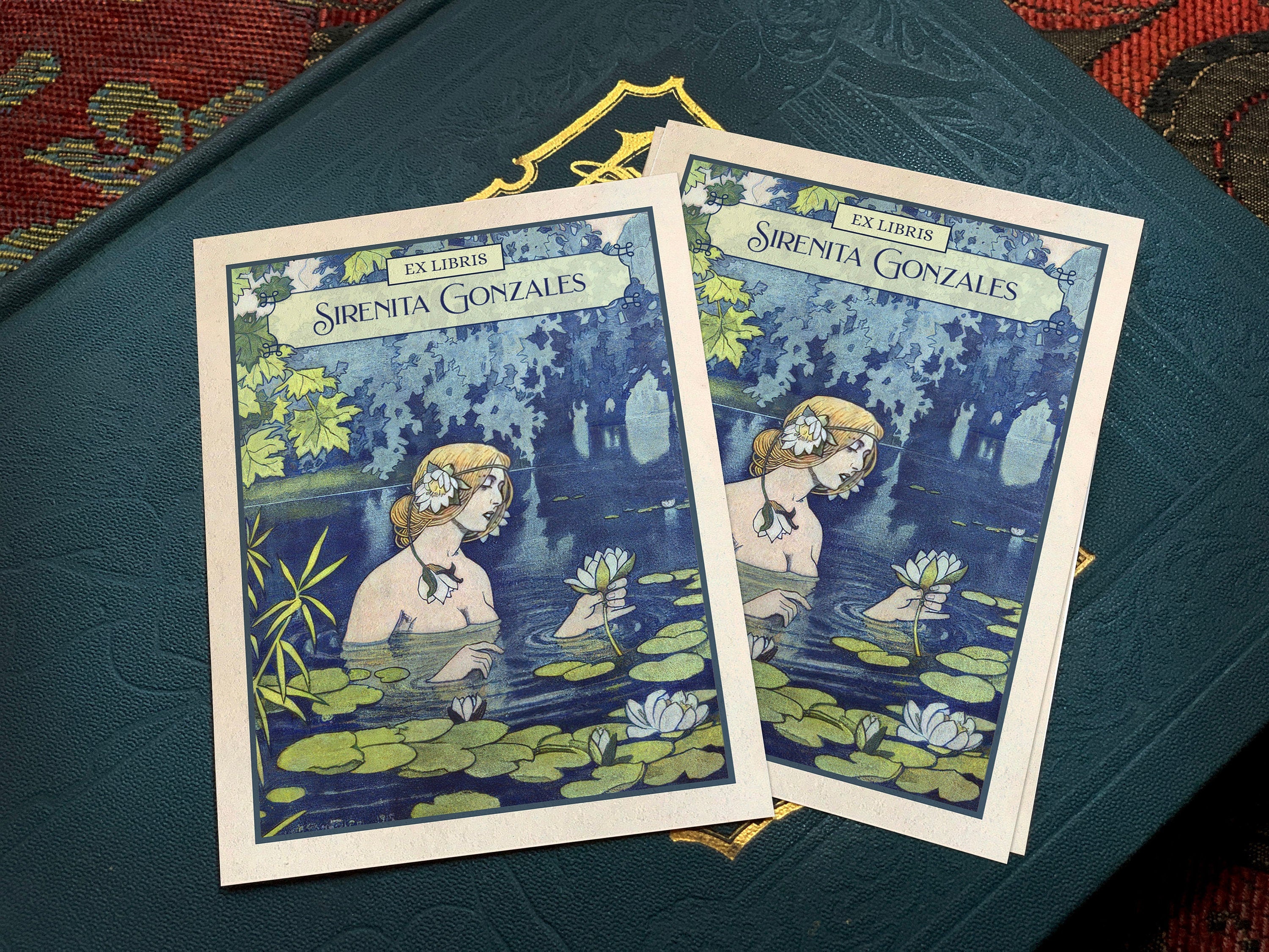 Nymph and Water Lilies, Personalized Ex-Libris Bookplates, Crafted on Traditional Gummed Paper, 3in x 4in, Set of 30