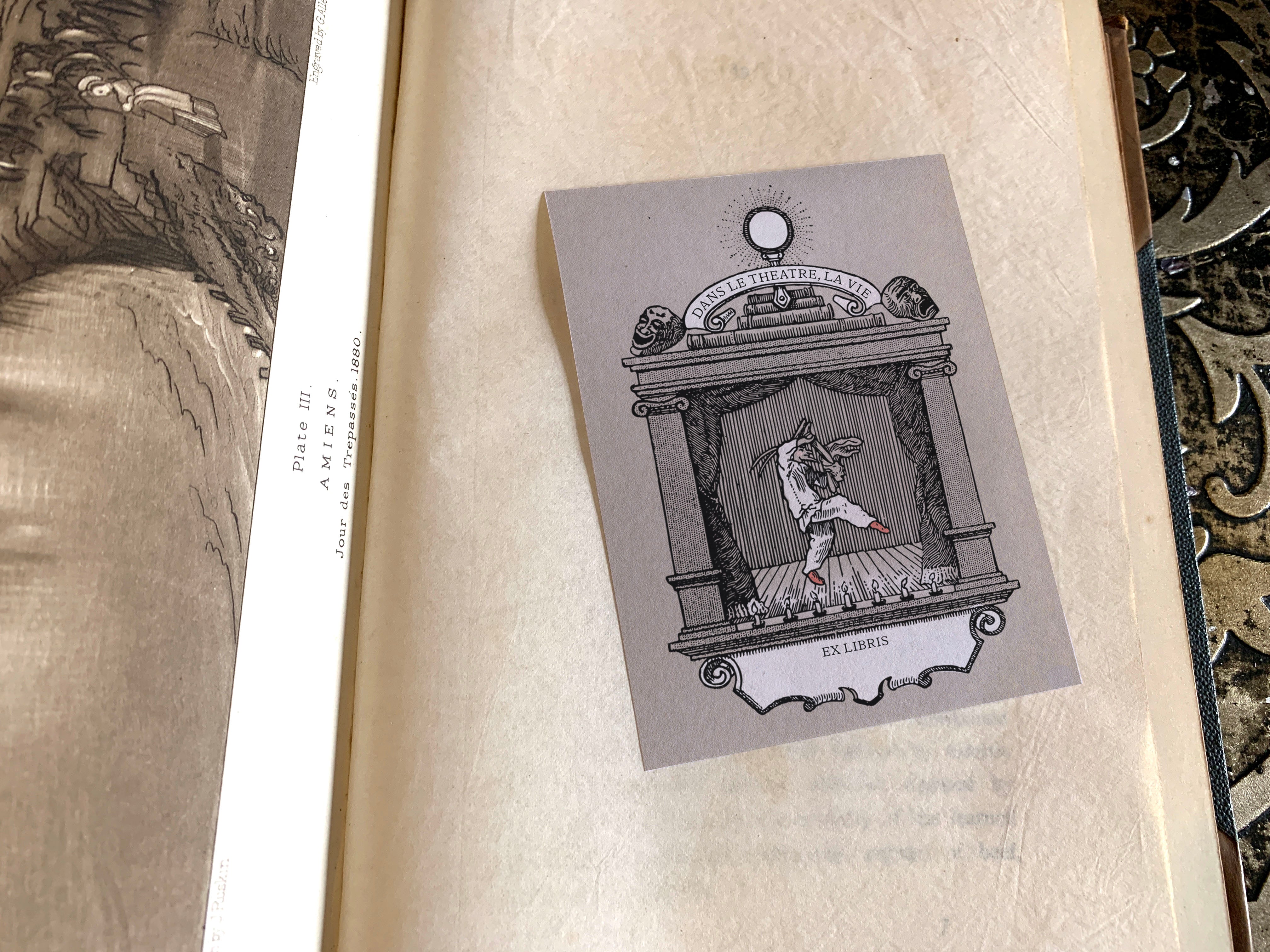 Coviello, Dans le Theatre, Le Vie, Personalized Ex-Libris Bookplates, Crafted on Traditional Gummed Paper, 2.5in x 4in, Set of 30