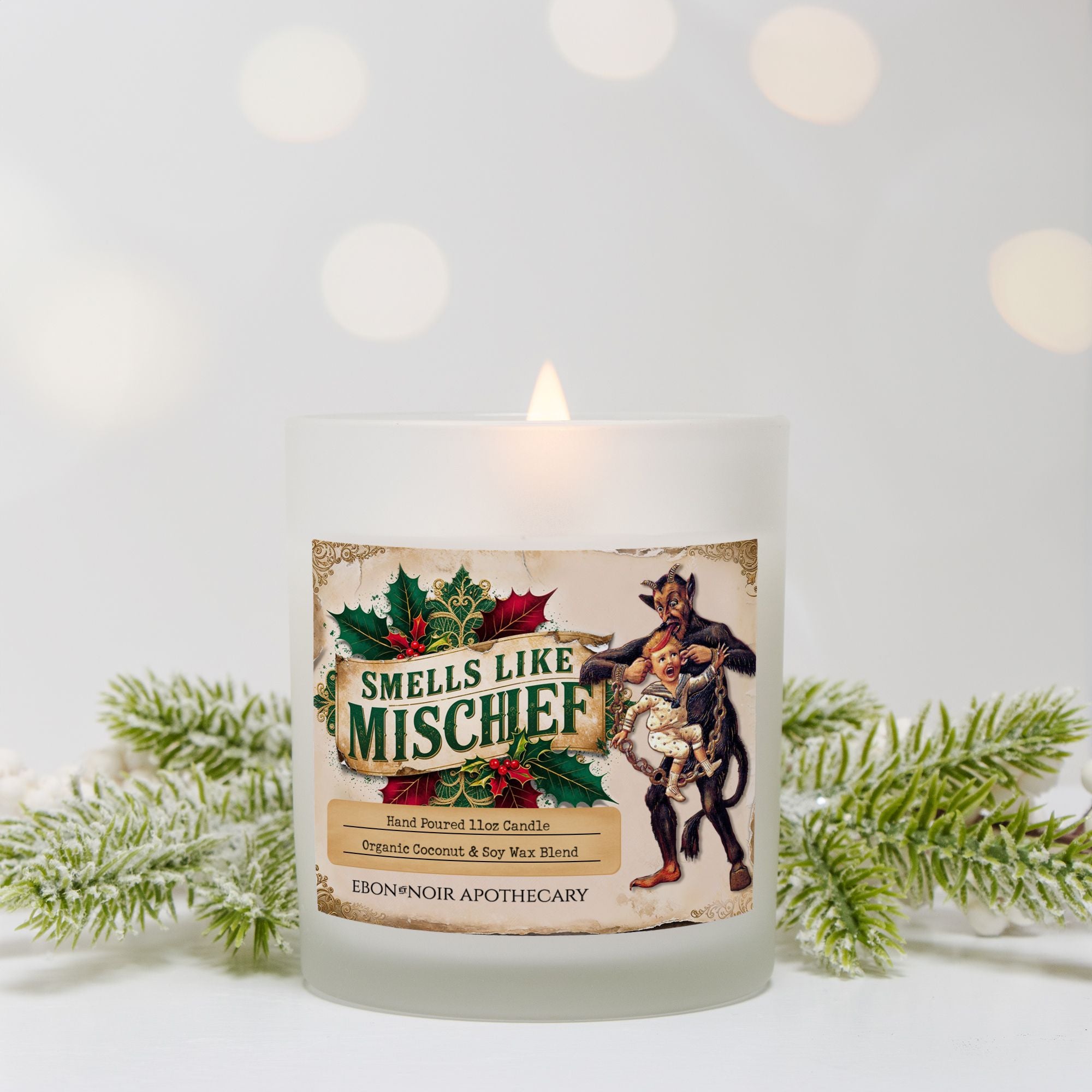 Smells Like Mischief, Gruss Vom Krampus Frosted Glass Hand Poured 11oz Holiday Candle